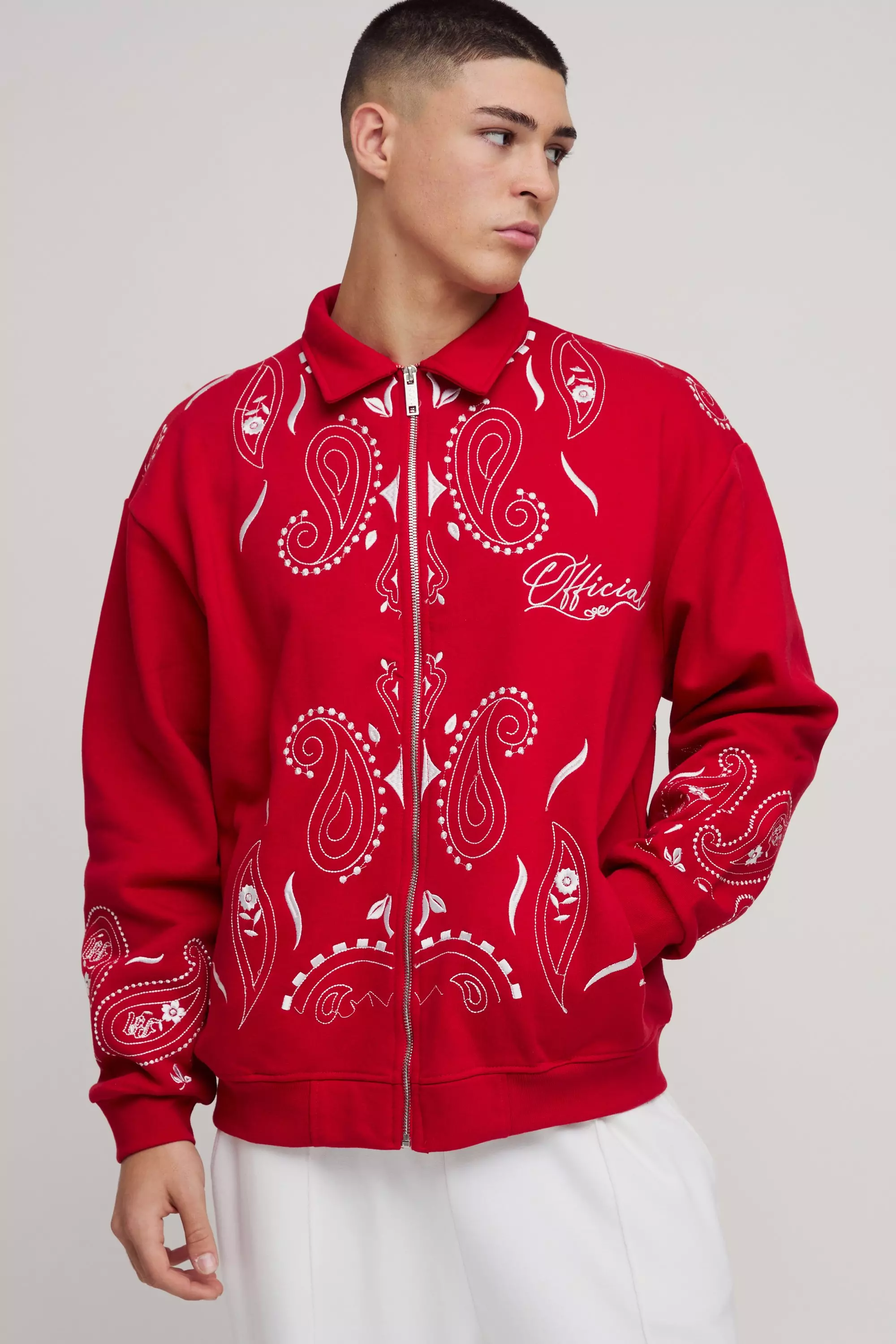 Red Oversized Embroidered Paisley Harrington Jacket