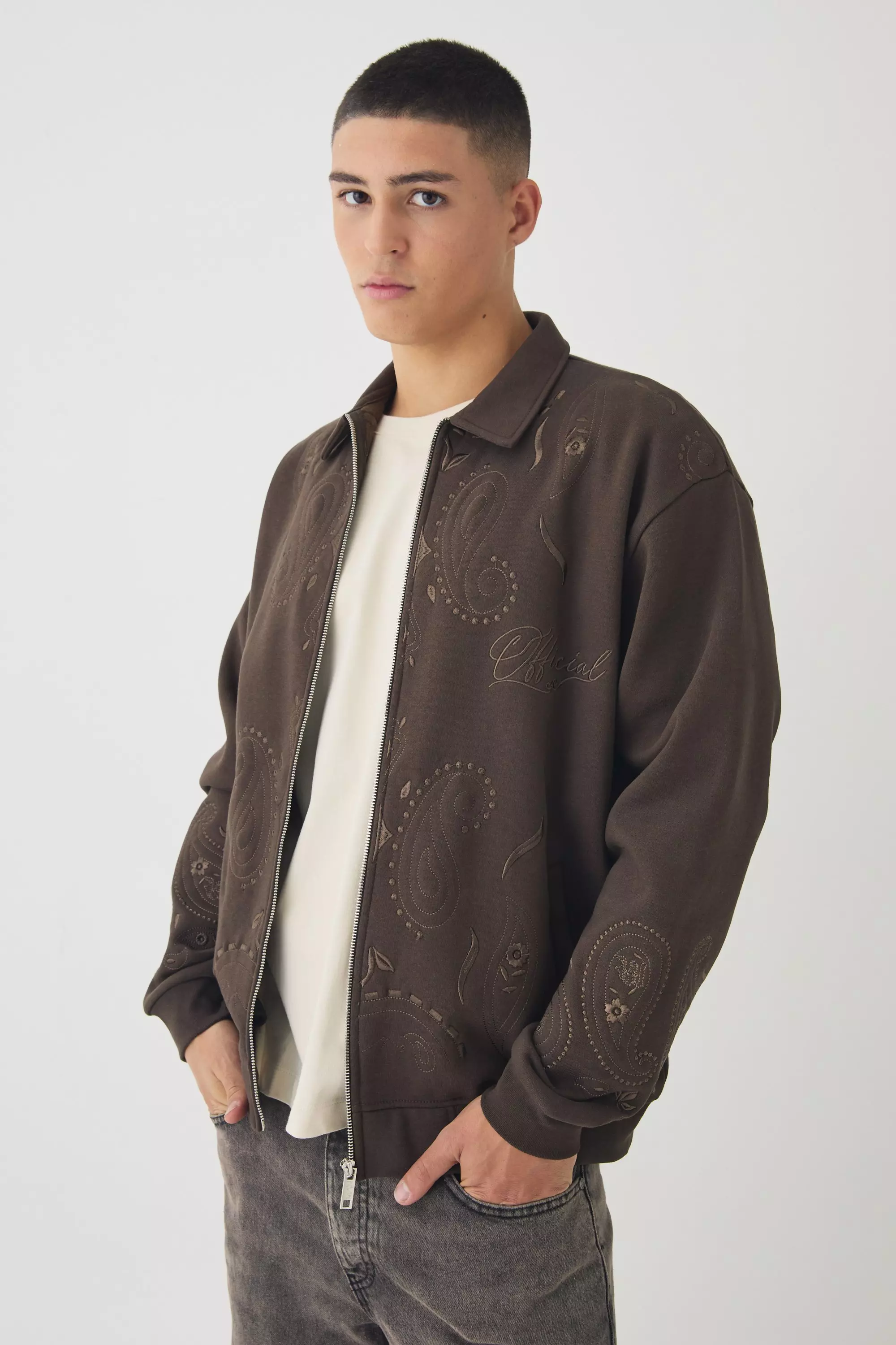 Brown Oversized Embroidered Paisley Harrington Jacket