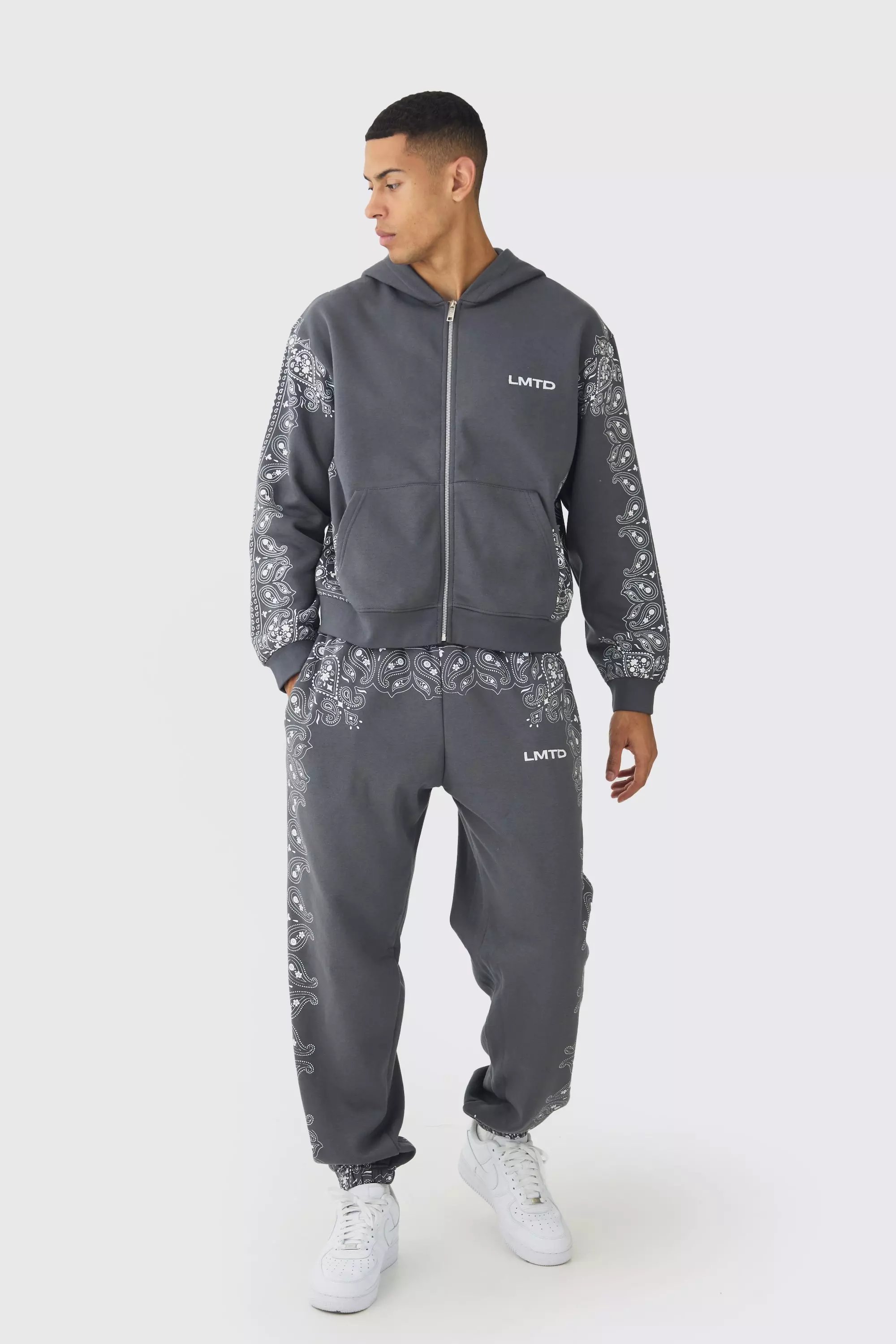 Charcoal Grey Oversized Paisley Border Printed Tracksuit