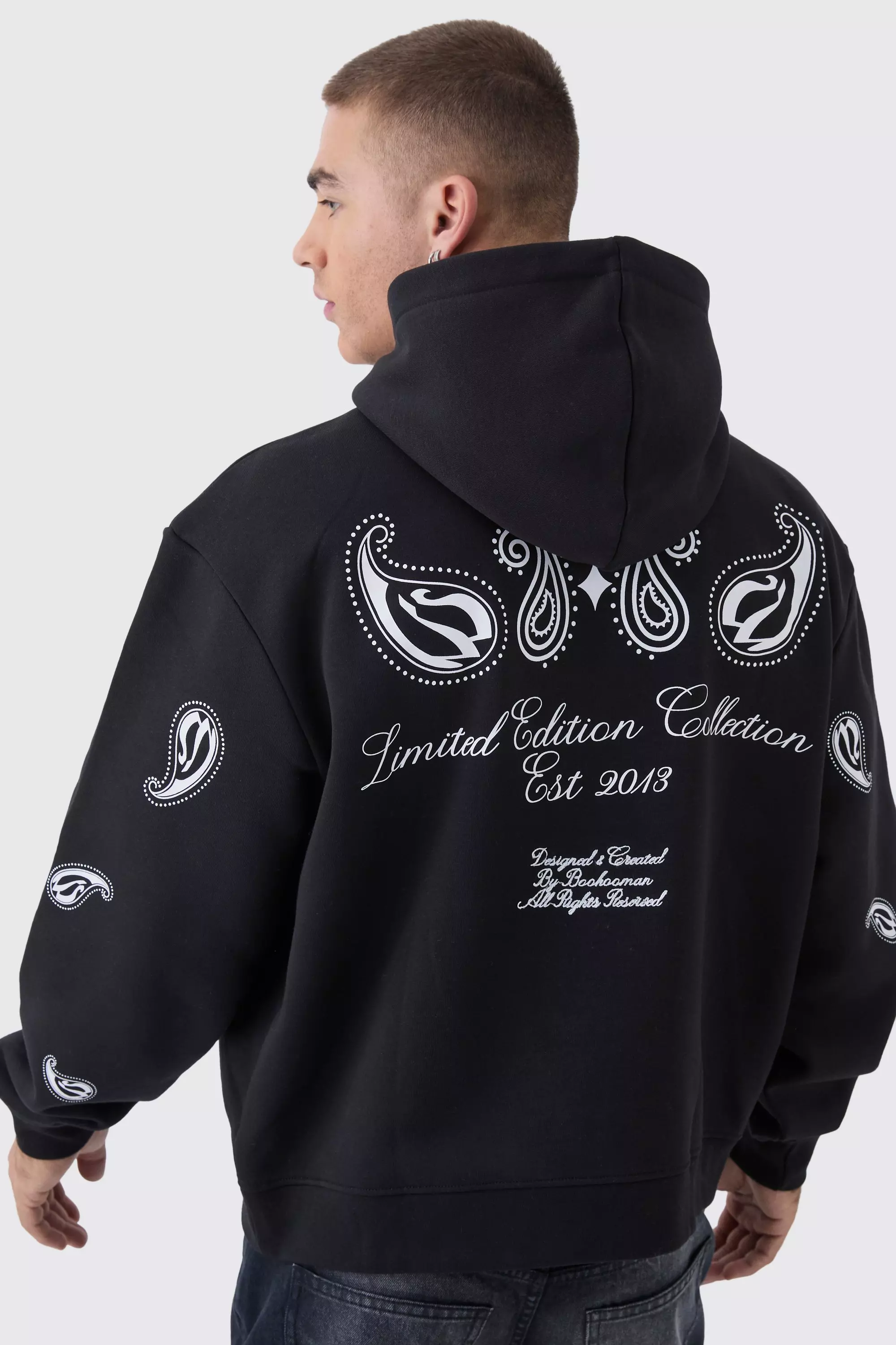 Oversized Boxy Paisley Embroidered Hoodie Black