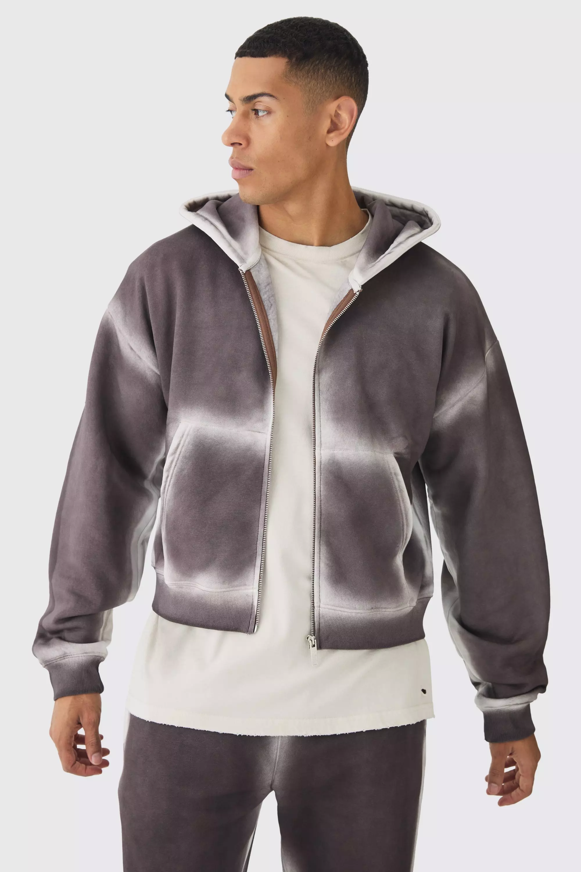 Stone Shrunken Fit Zip Through Washed Seam Hoodie alternative image