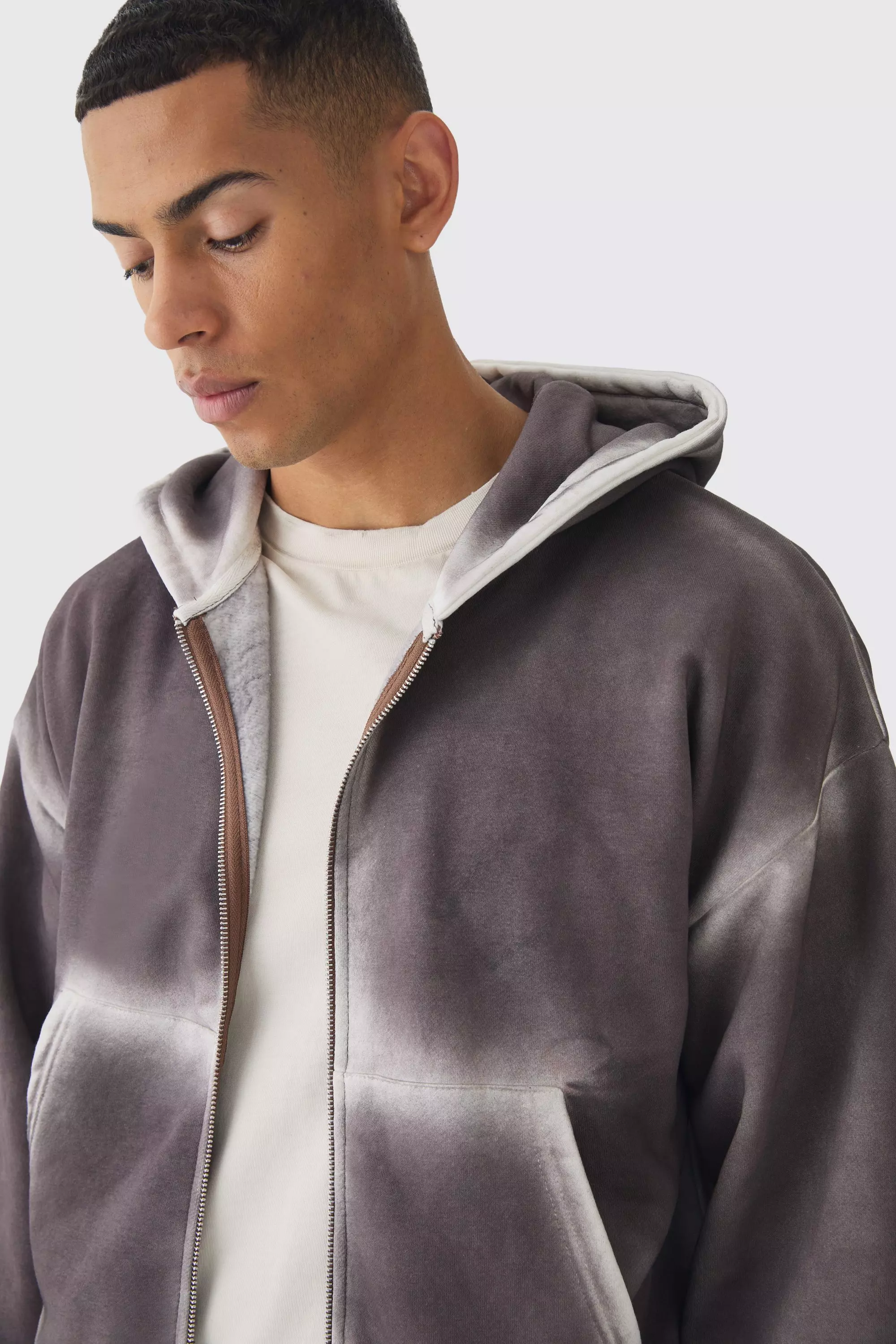 Stone Shrunken Fit Zip Through Washed Seam Hoodie alternative image