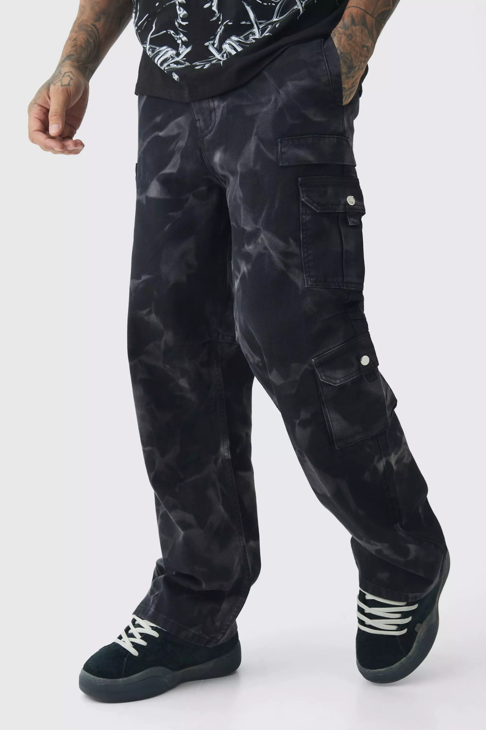 Tall Acid Wash Relaxed Fit Cargo Pants Black