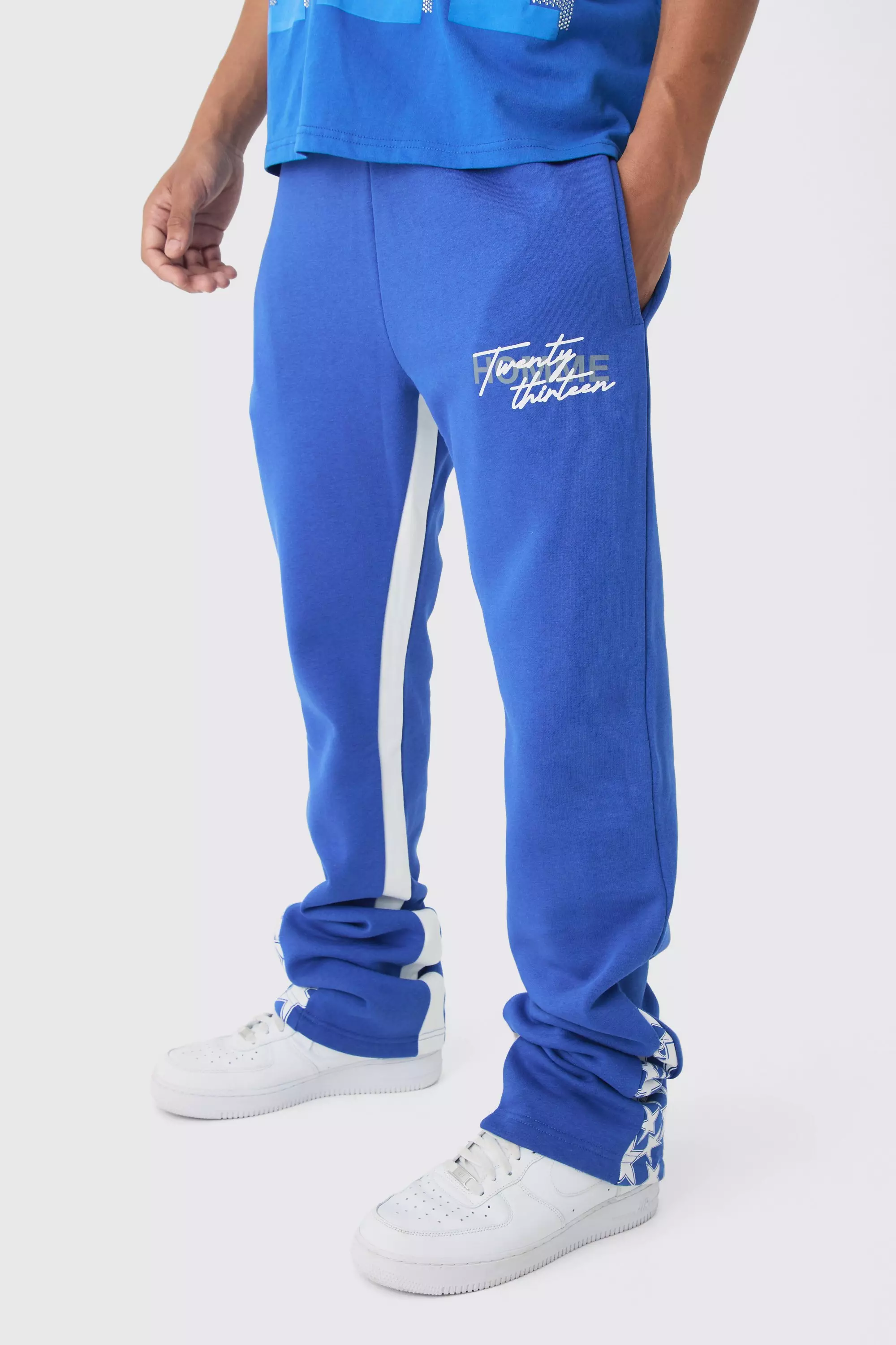 Slim Stacked Flare Star Print Gusset Sweatpants Cobalt