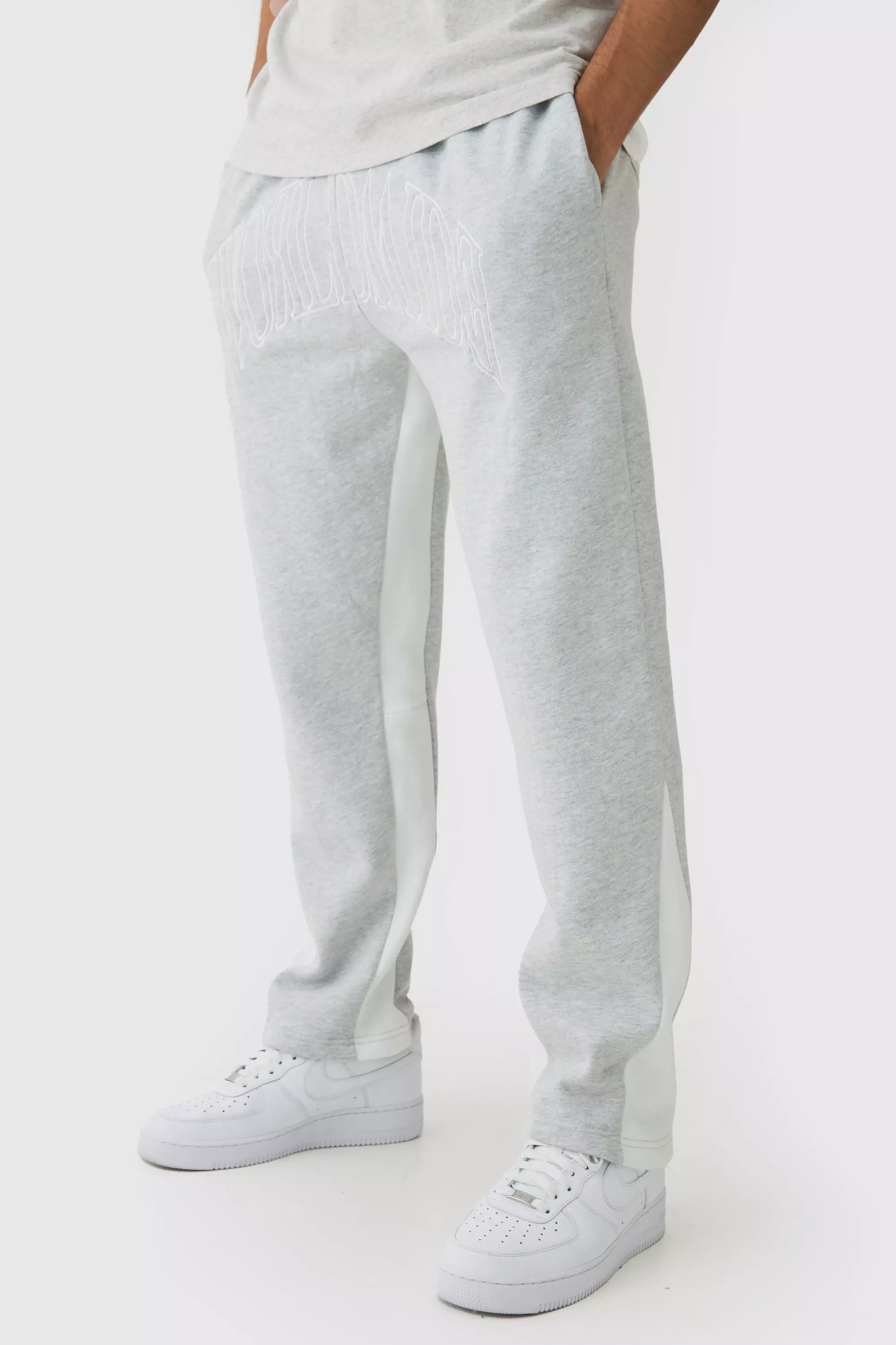 Worldwide Embroidered Contrast Stitch Gusset Sweatpants Grey marl