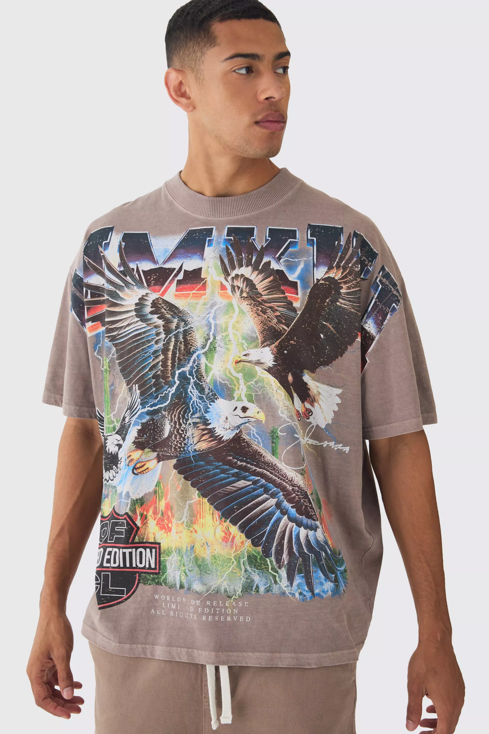 Chocolate Brown Oversized Western USA Eagle Large Scale Wash Print T-Shirt