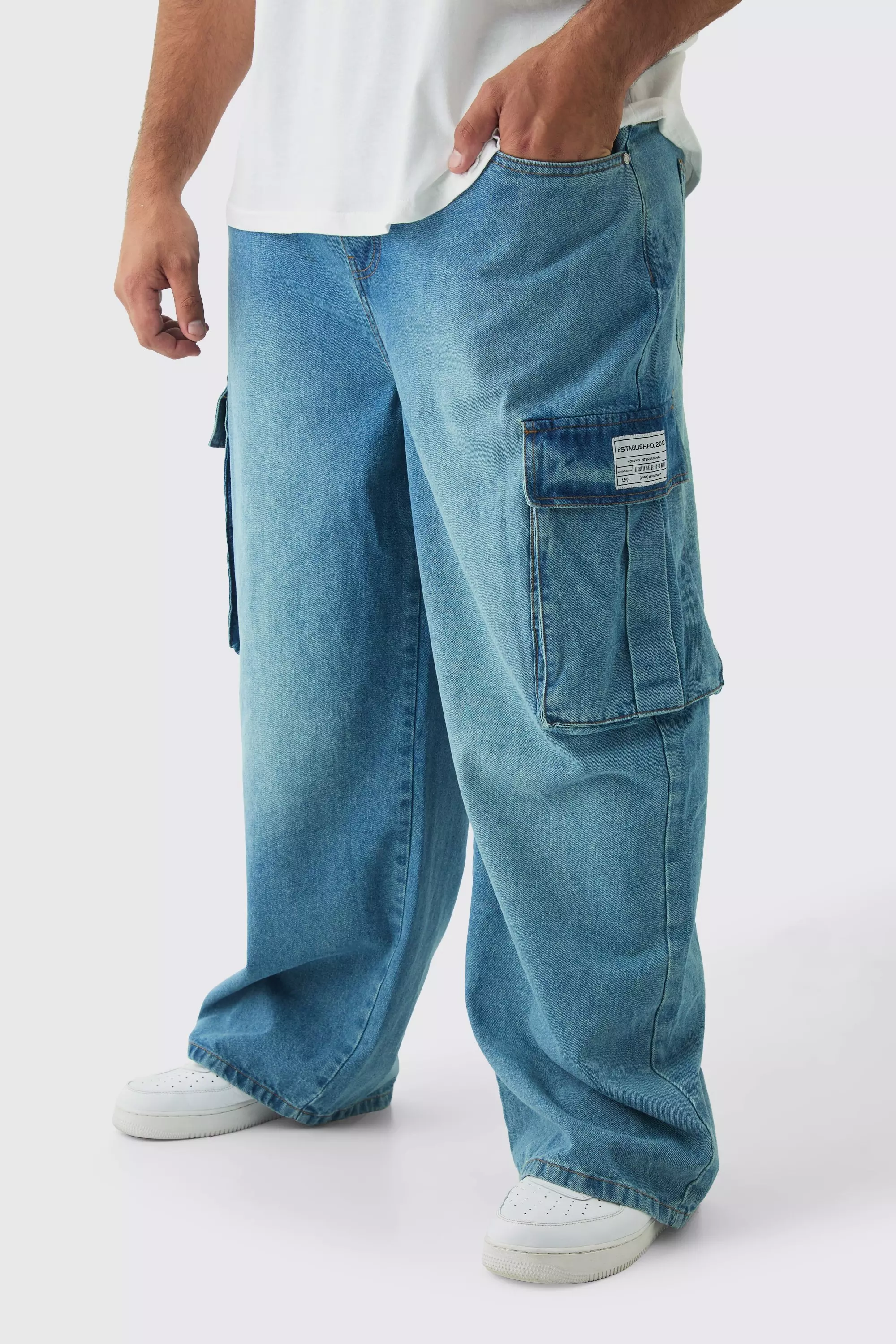 Stonewash Plus Relaxed Fit Woven Tab Cargo Jeans alternative image