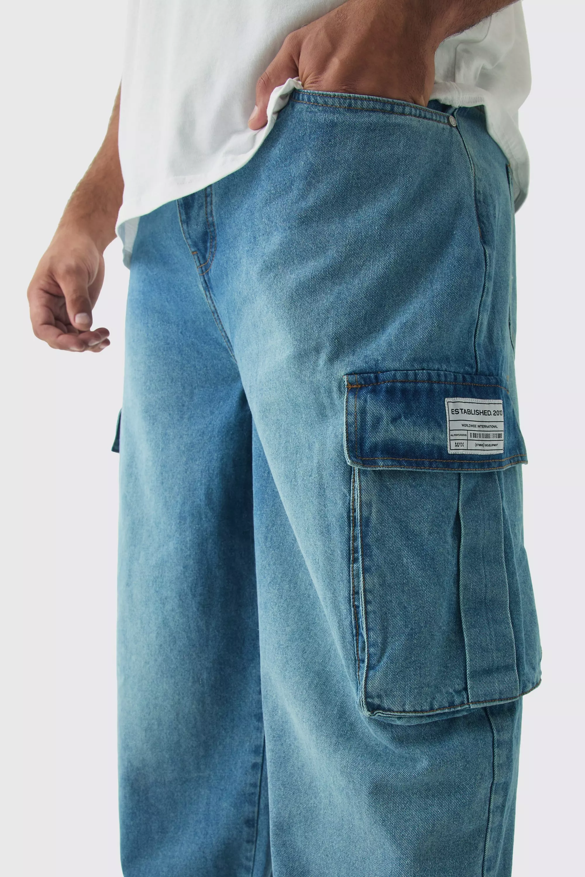 Stonewash Plus Relaxed Fit Woven Tab Cargo Jeans alternative image