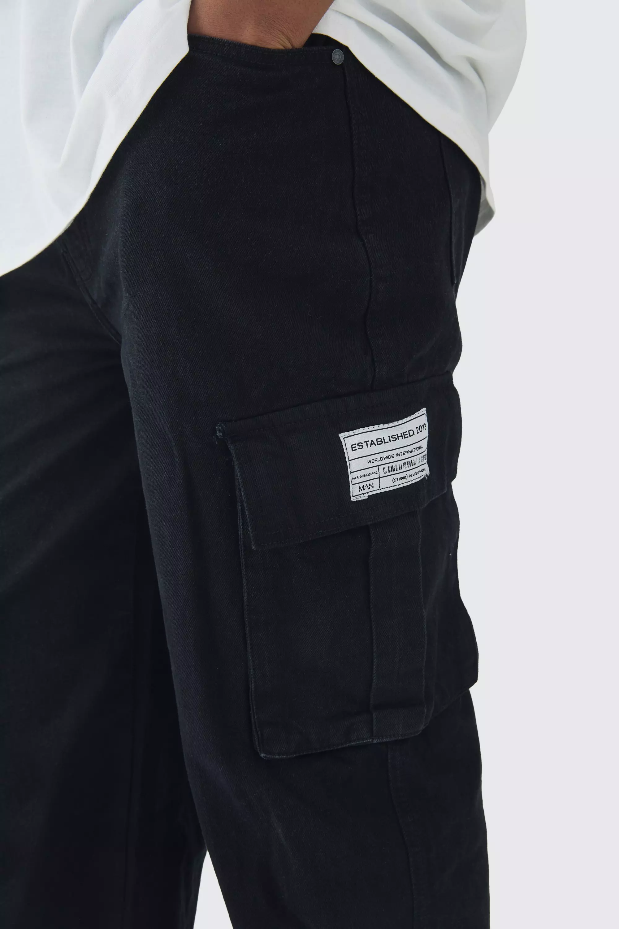 True black Tall Geweven Baggy Cargo Jeans Met Label alternatieve afbeelding