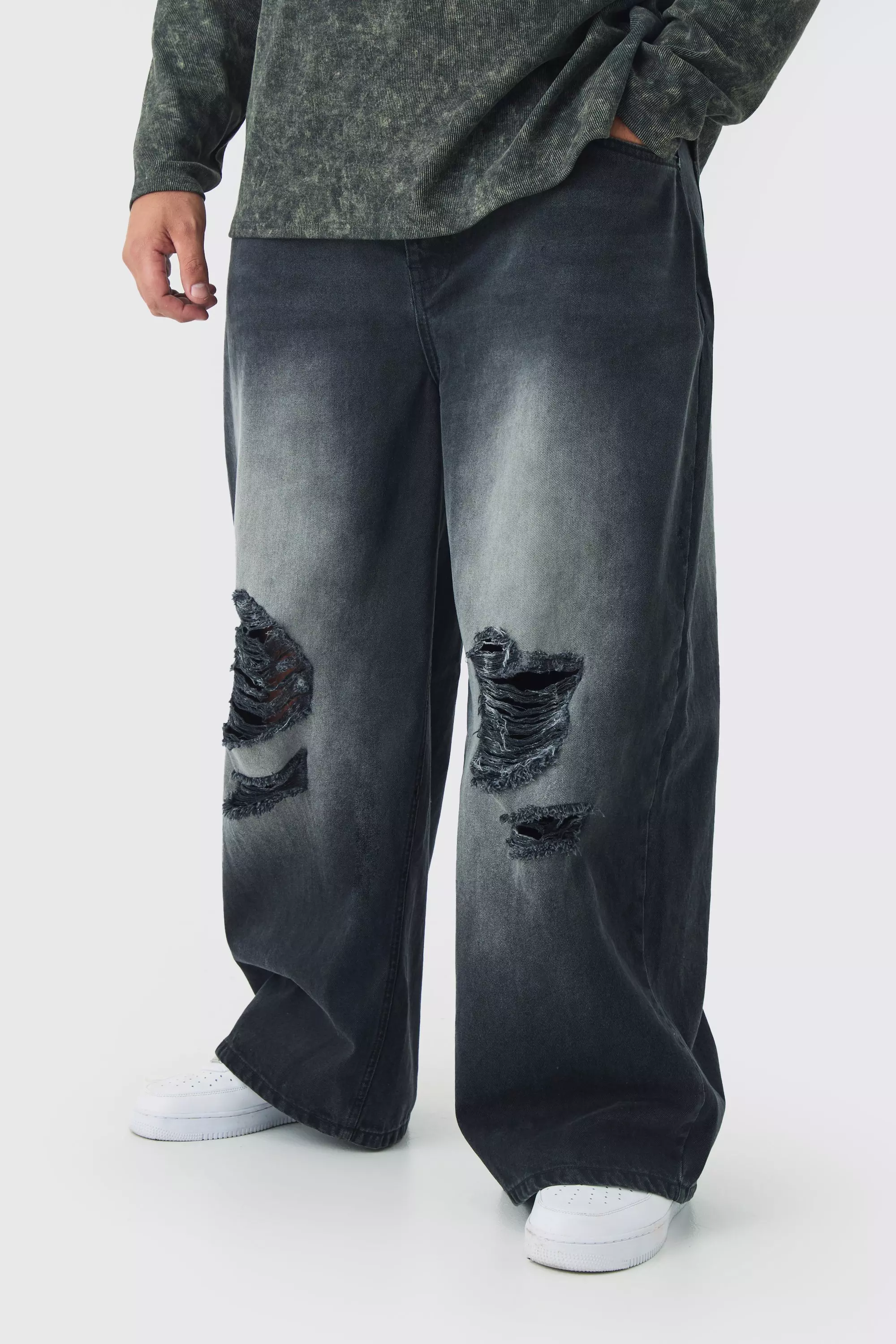 Plus Baggy Fit Super Distressed Jeans Washed black