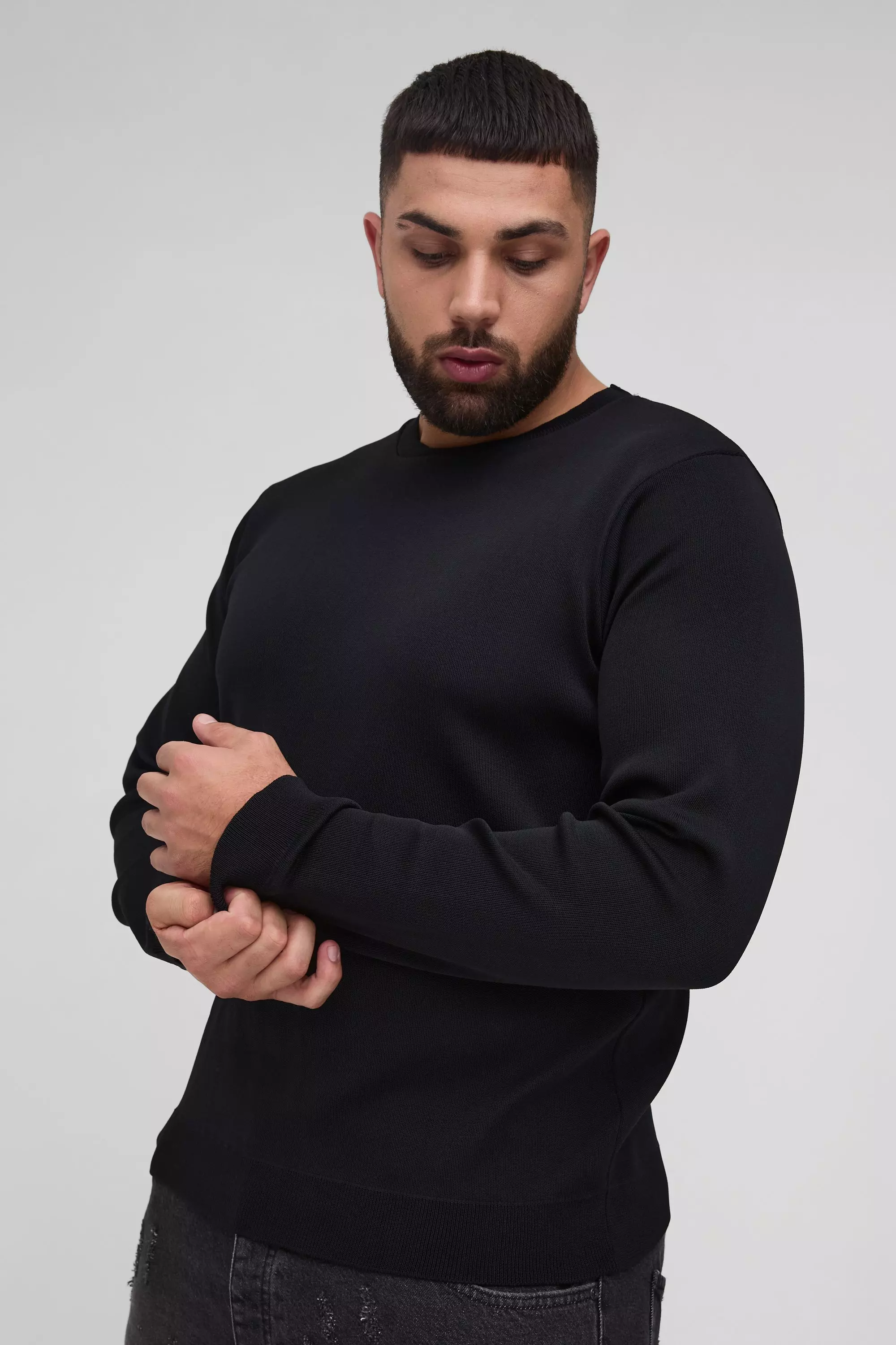 Plus Basic Regular Fit Crew Neck Jumper in Black Black