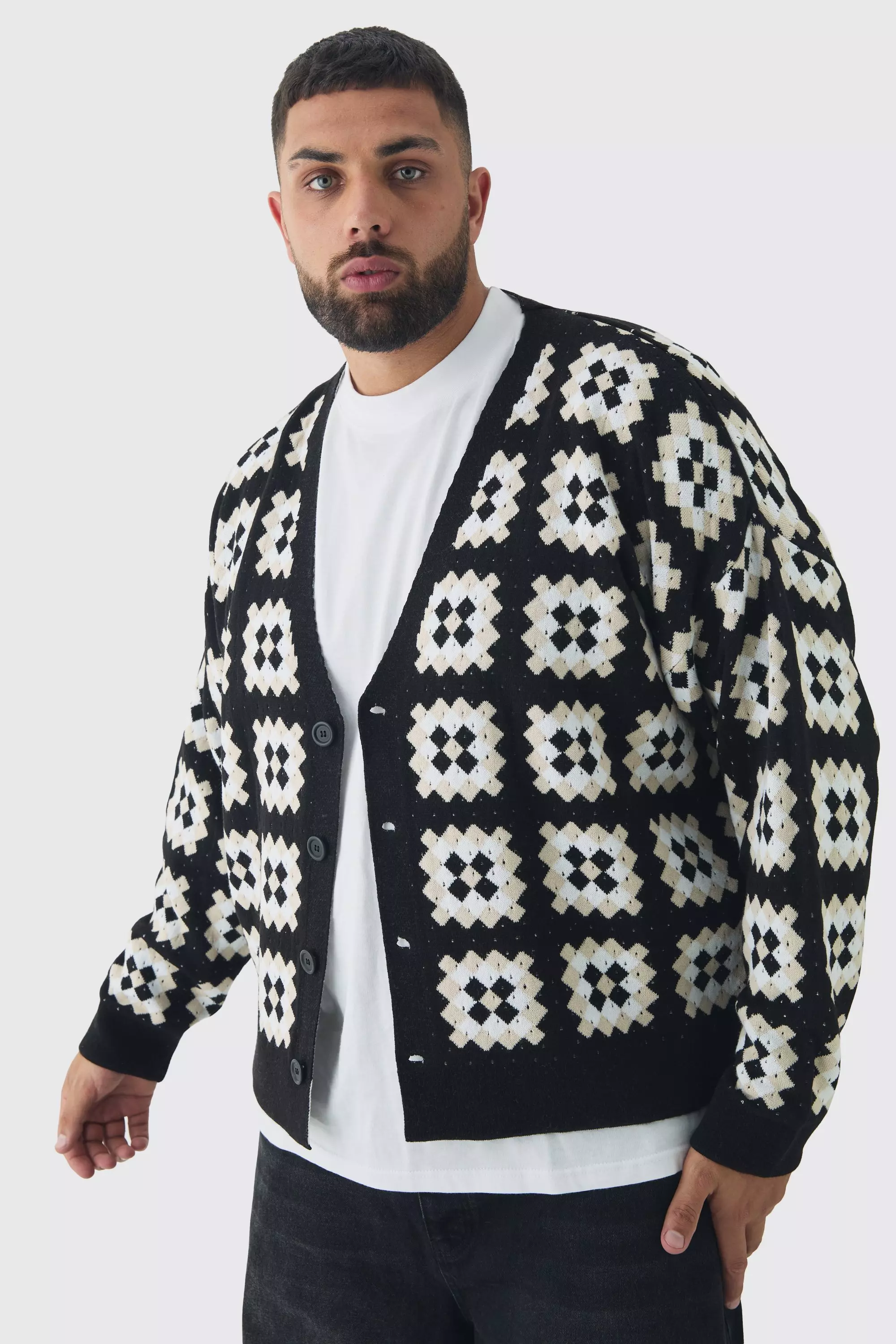 Plus Relaxed Fit Drop Shoulder Crochet Cardigan Black