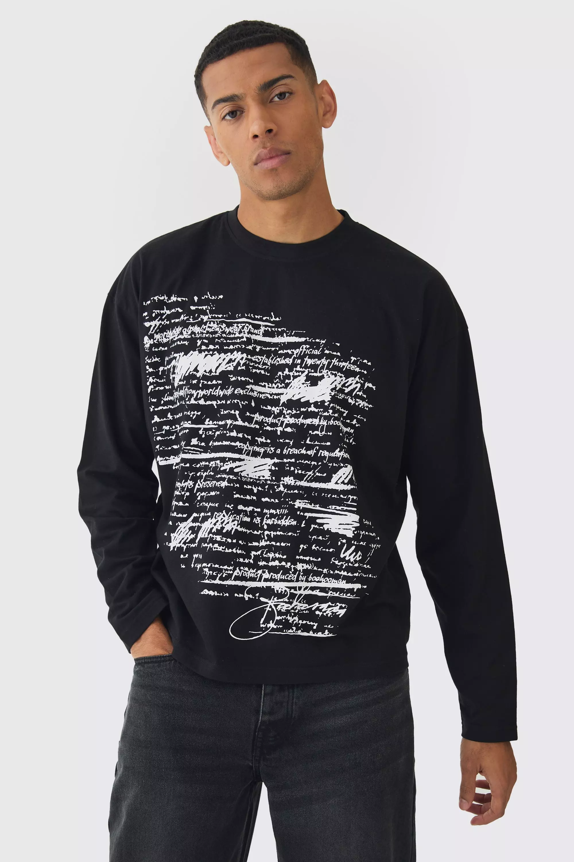 Oversized Boxy Large Scale Print Long Sleeve T-Shirt Black