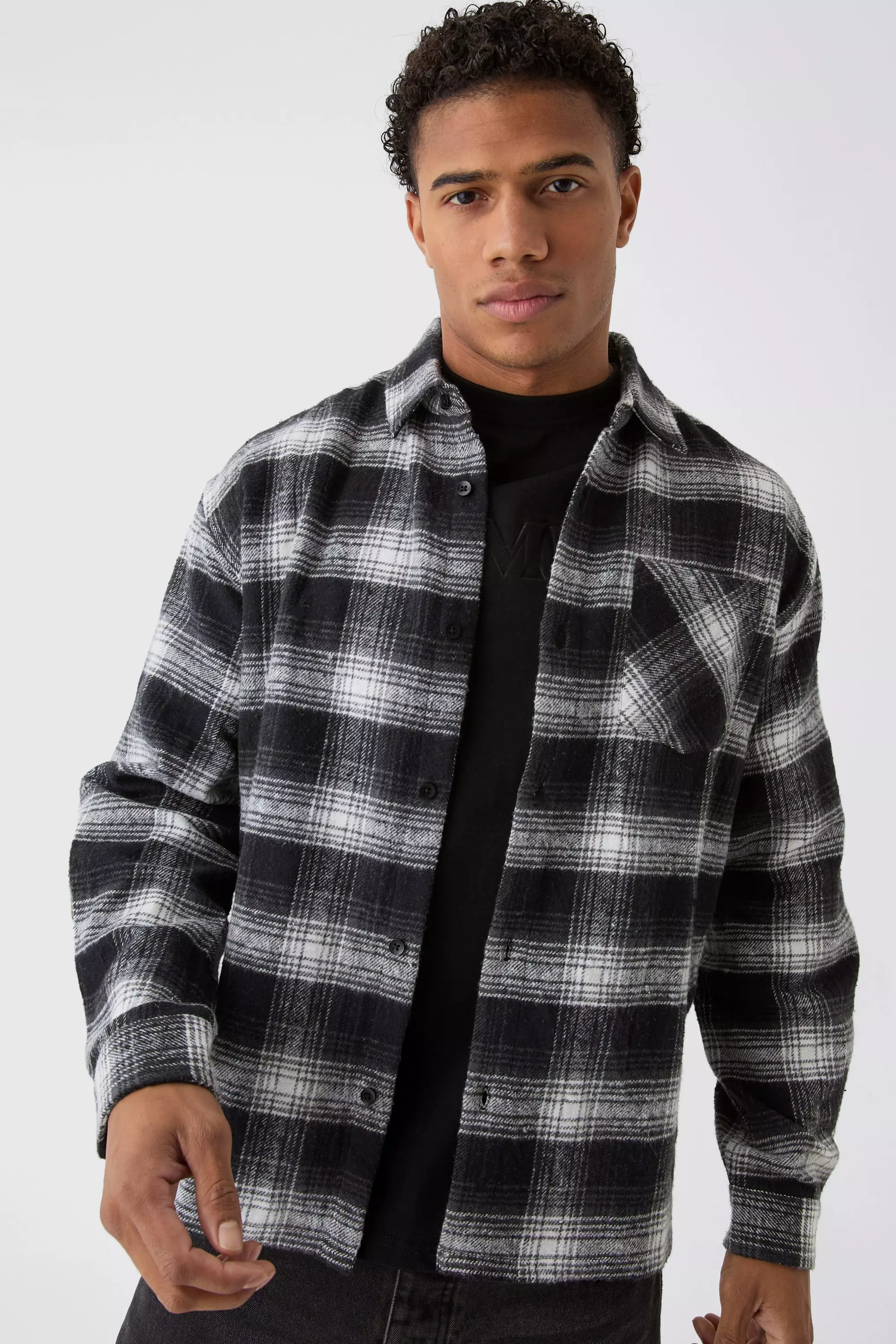 Black Oversized Long Sleeve Flannel Shirt