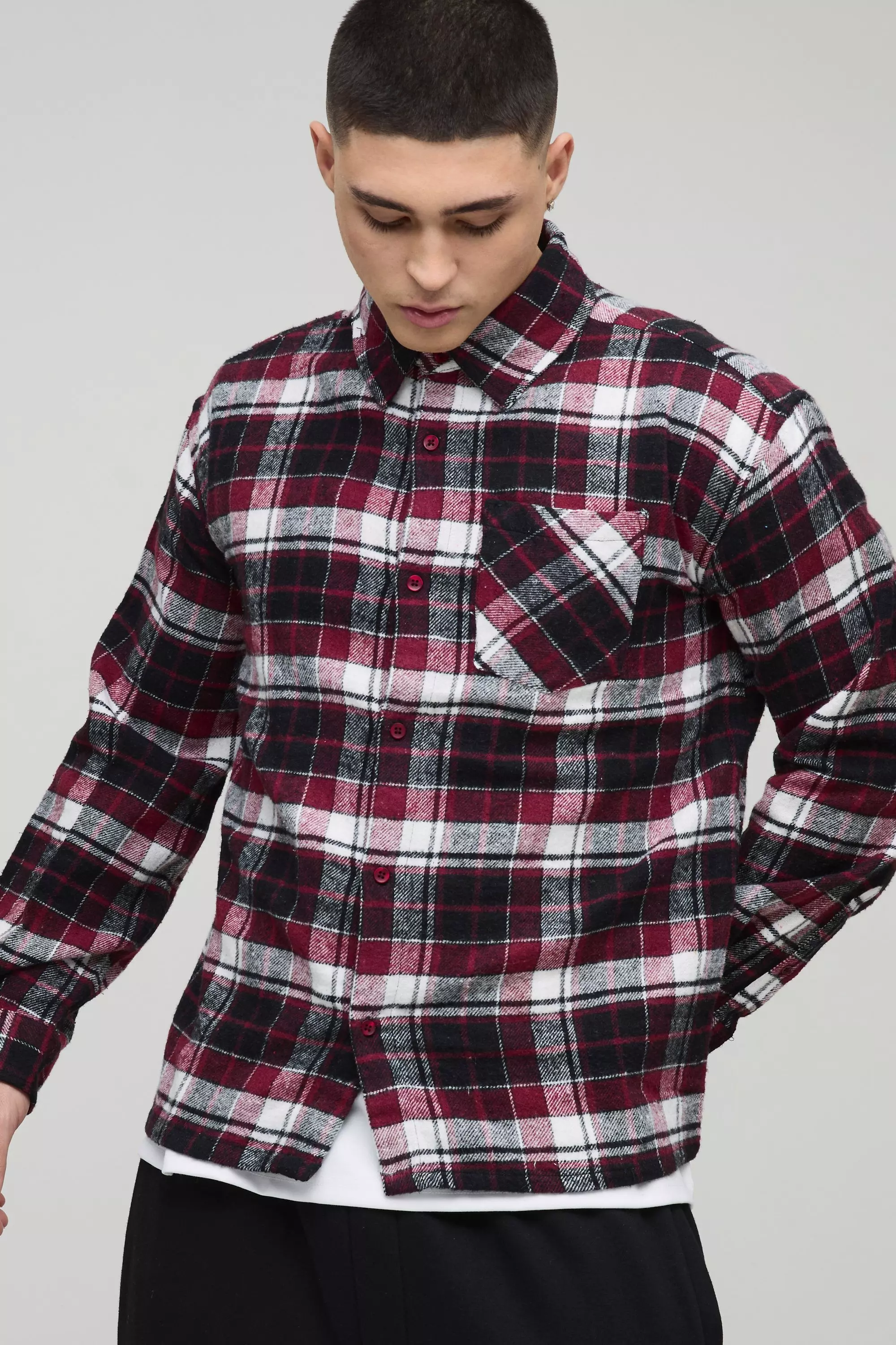 Burgundy Oversized Long Sleeve Check Shirt alternative image