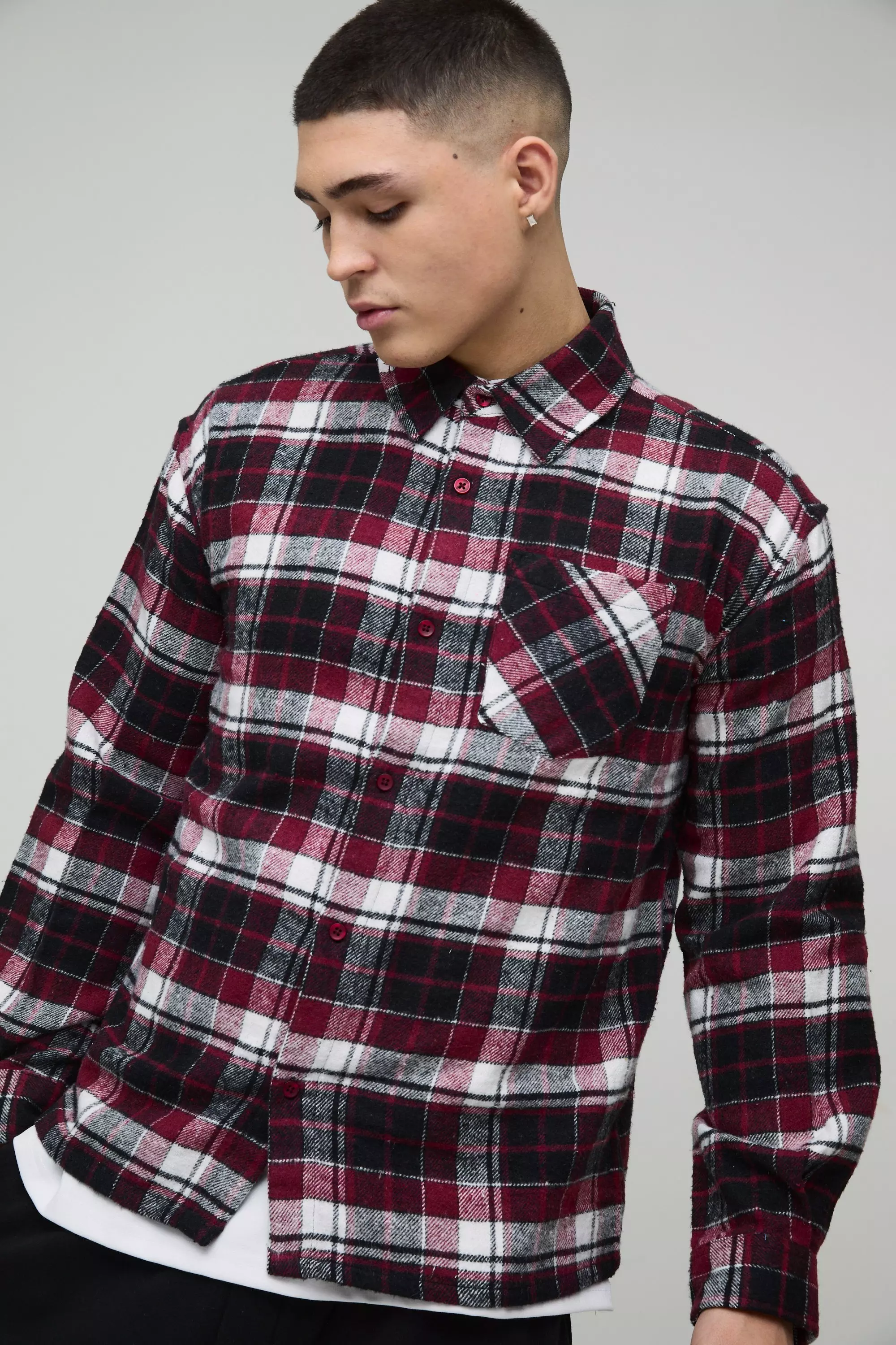 Burgundy Oversized Long Sleeve Check Shirt alternative image