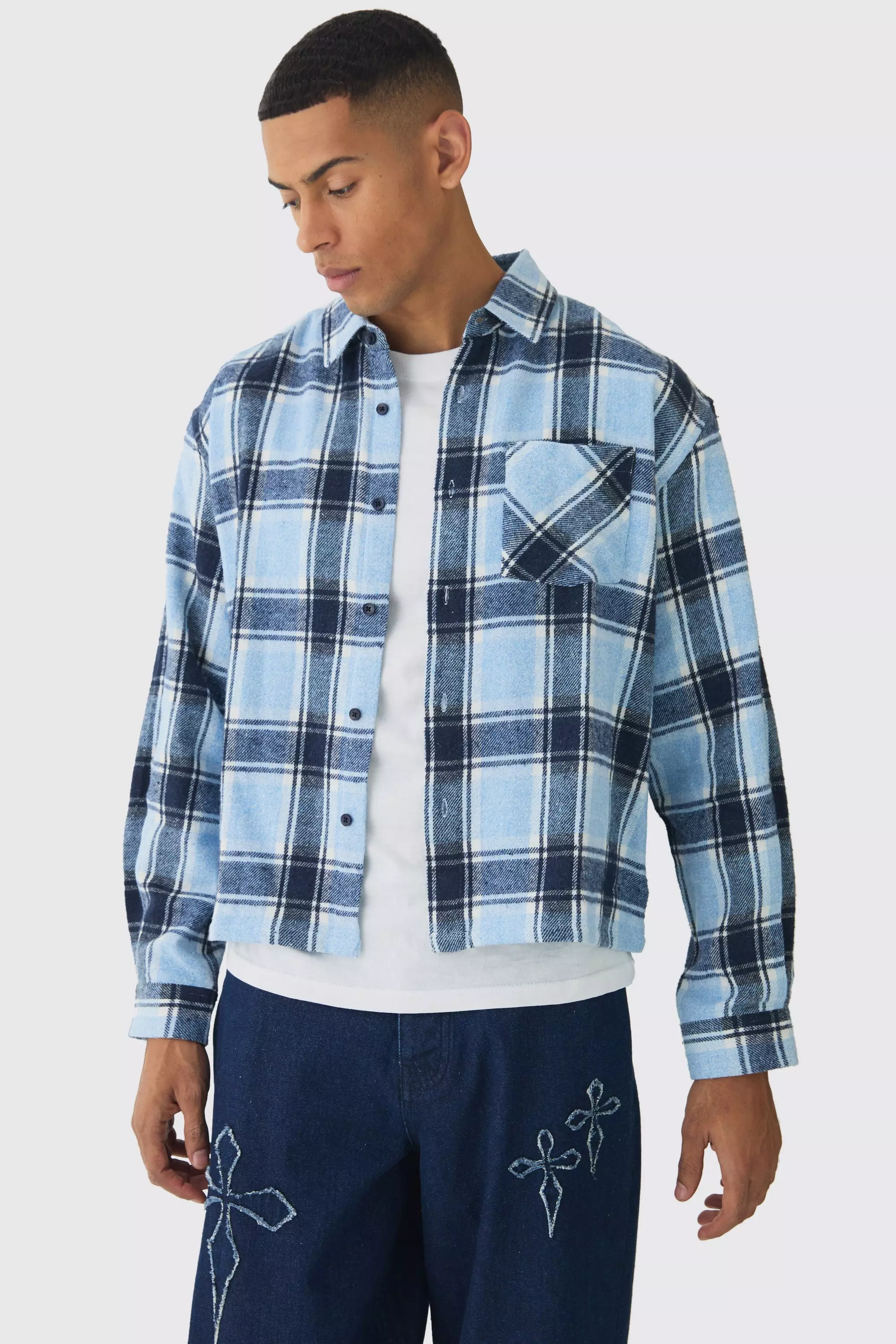 Blue Oversized Boxy Long Sleeve Flannel Shirt