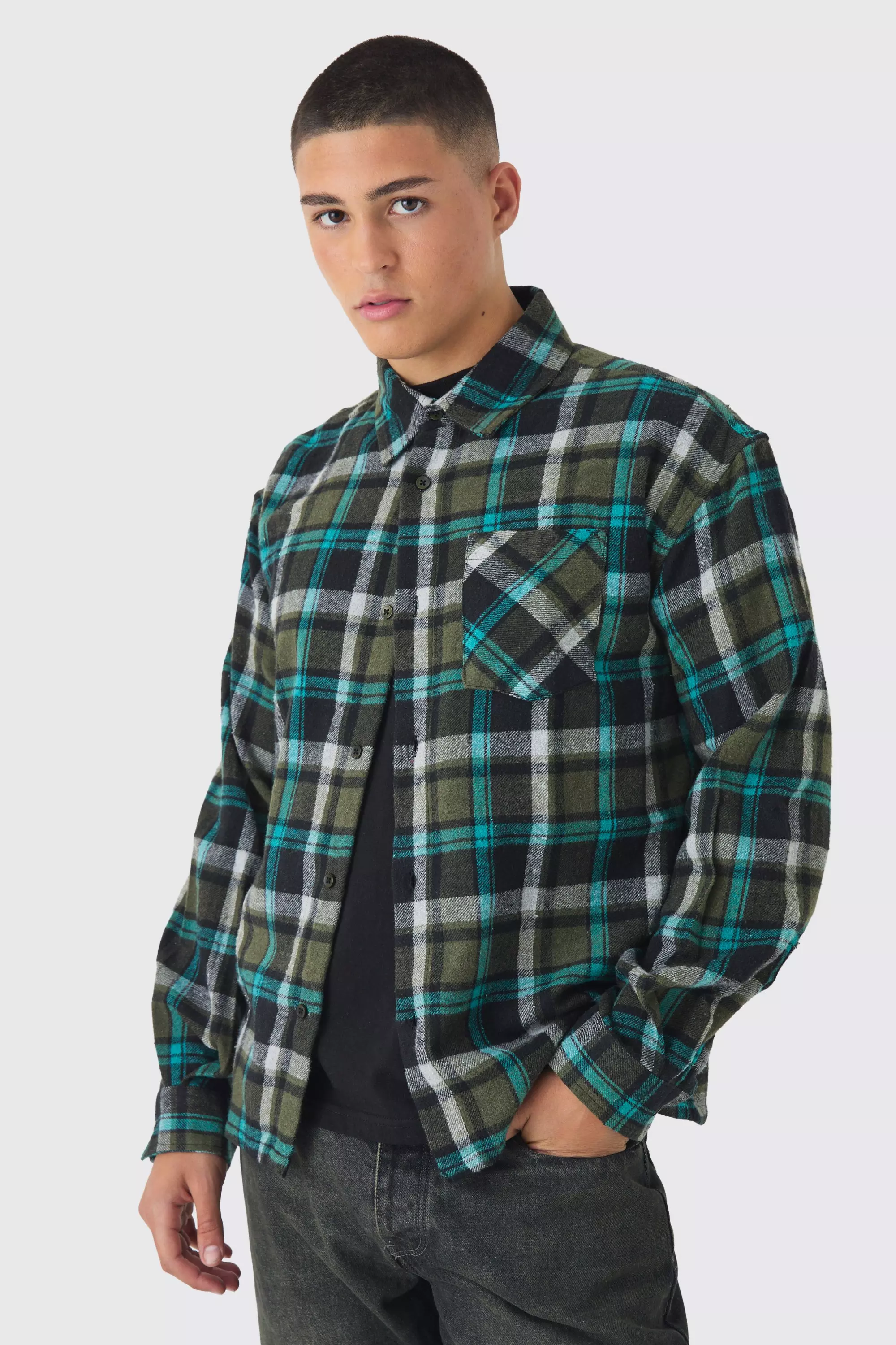 Green Oversized Long Sleeve Check Shirt alternative image