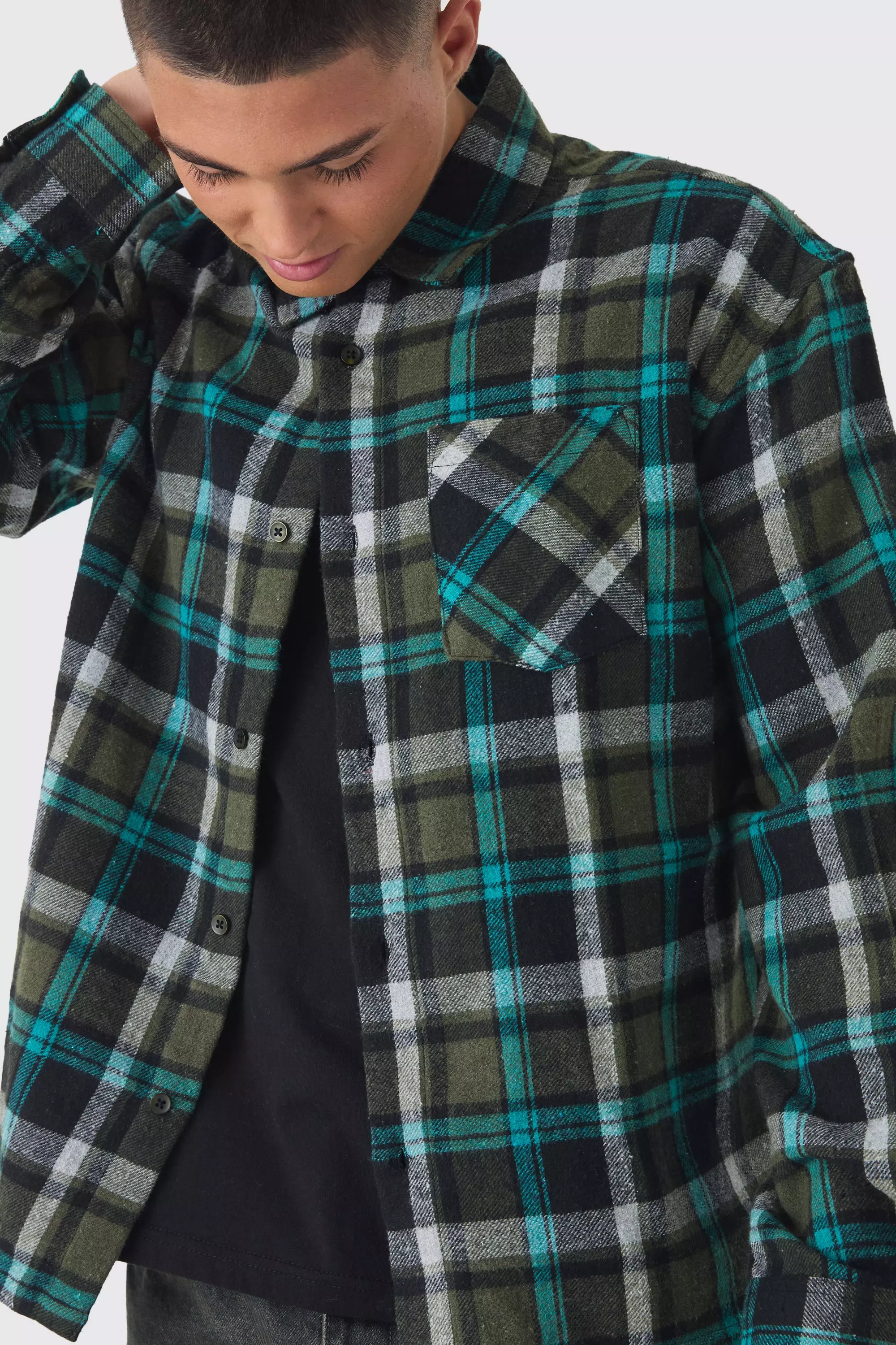 Green Oversized Long Sleeve Check Shirt alternative image