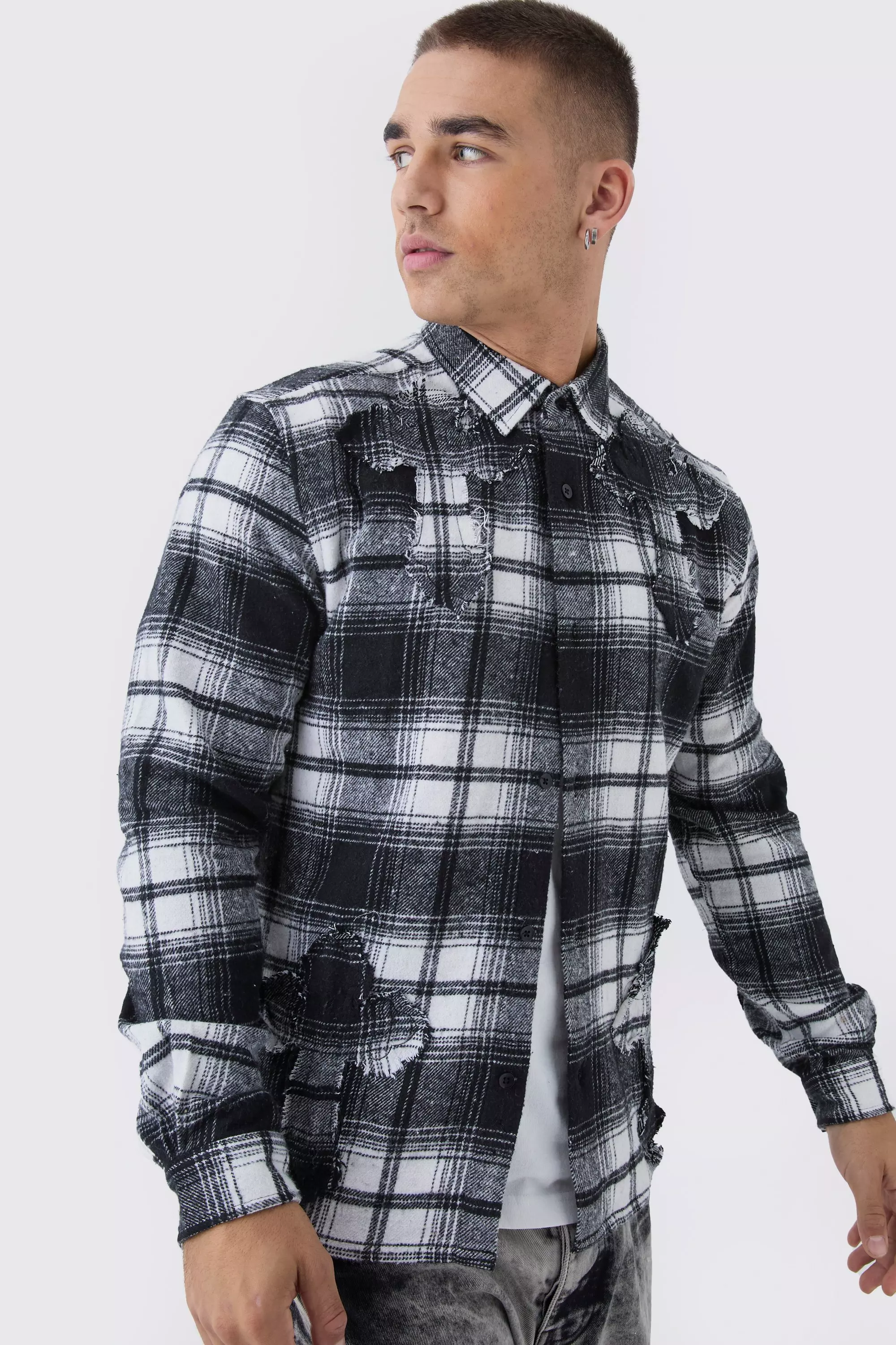 Black Regular Fit Long Sleeve Plaid Applique Shirt alternative image