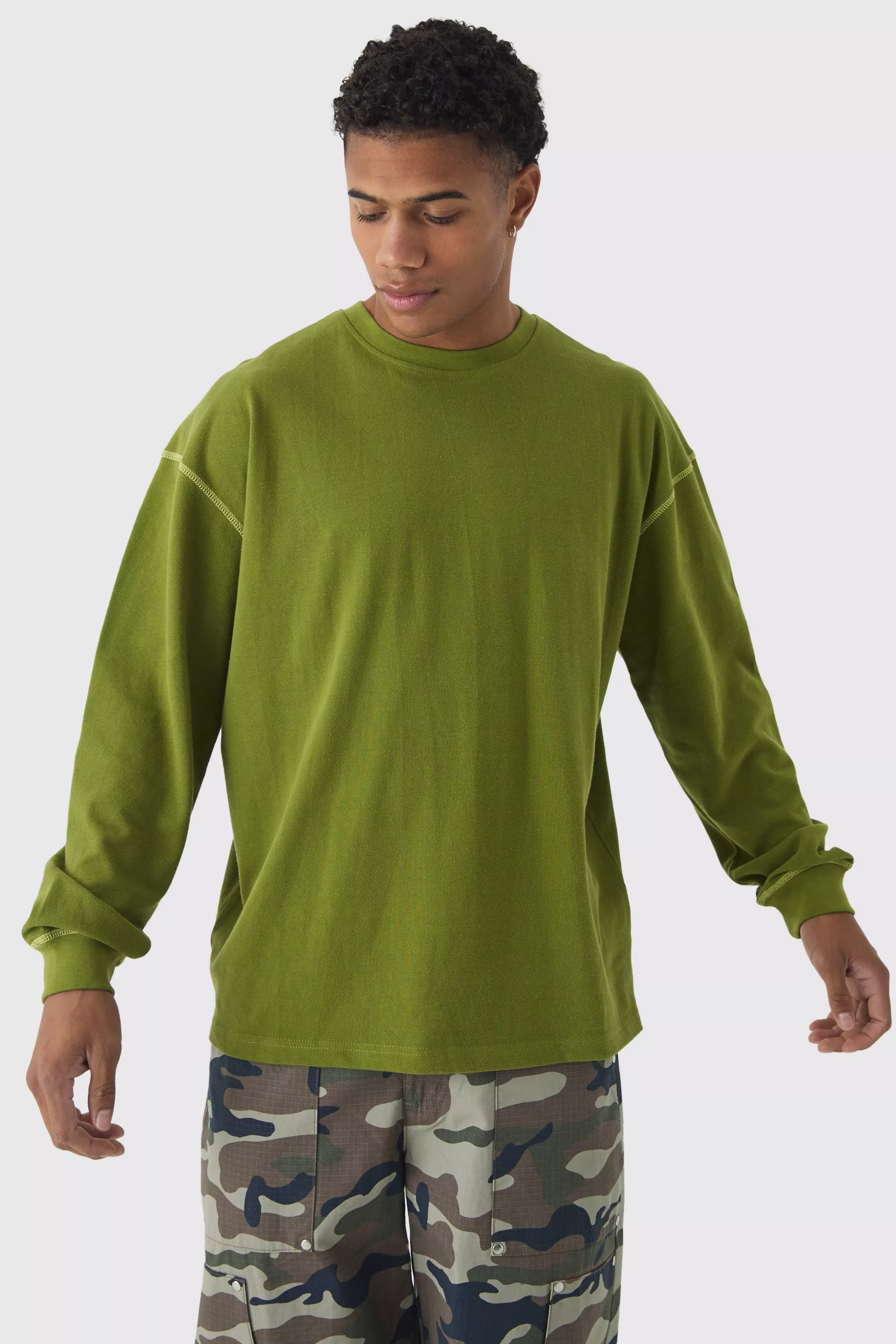 Khaki Oversized Pique Contrast Stitch Long Sleeve T- Shirt