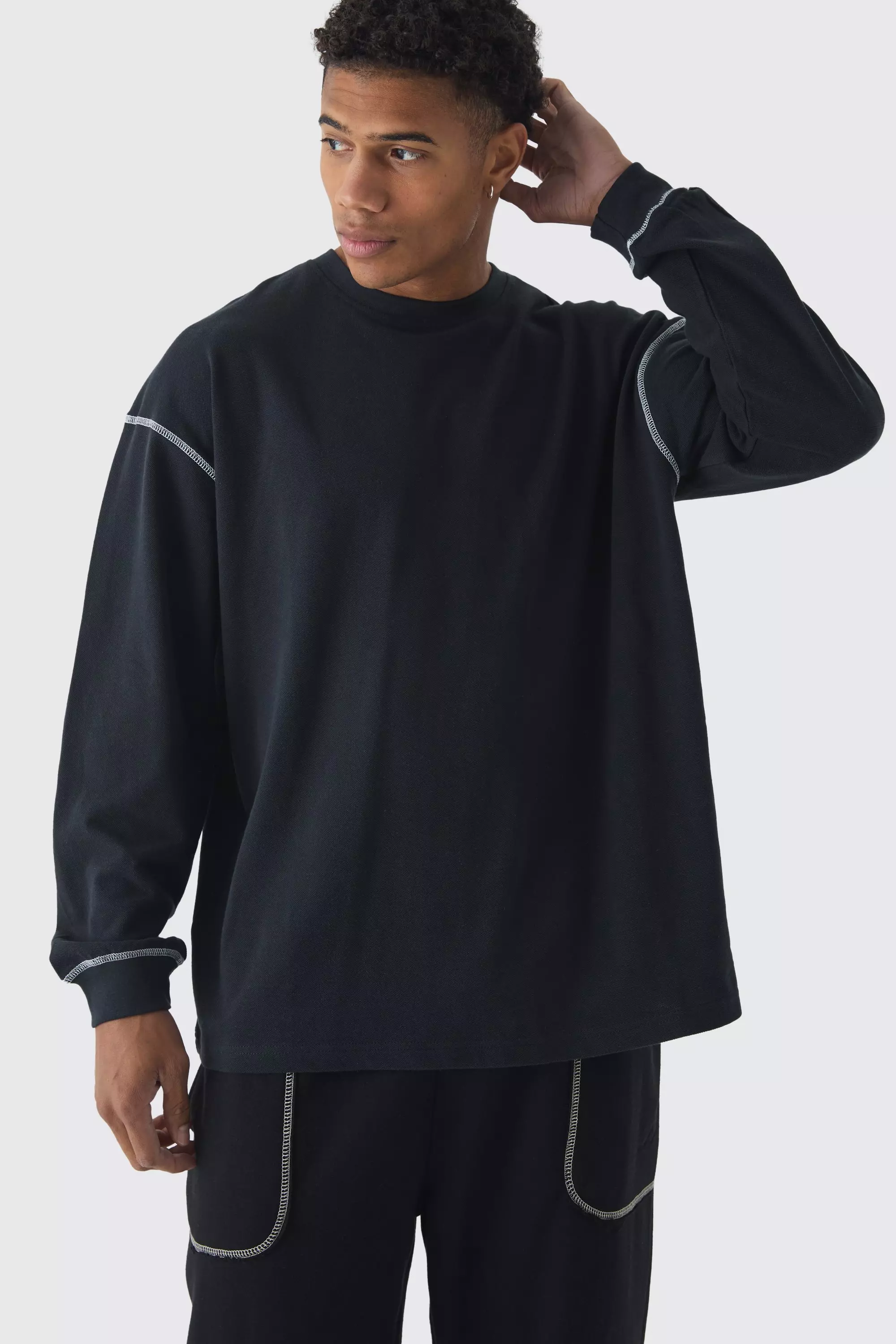 Oversized Pique Contrast Stitch Long Sleeve T- Shirt Black