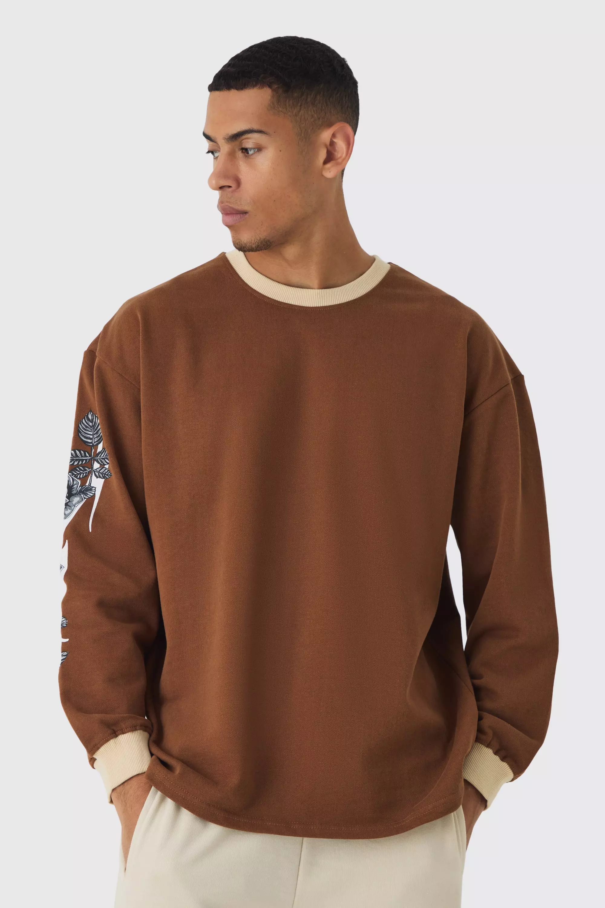 Oversized Heavyweight Graphic Panther Long Sleeve T-Shirt Brown