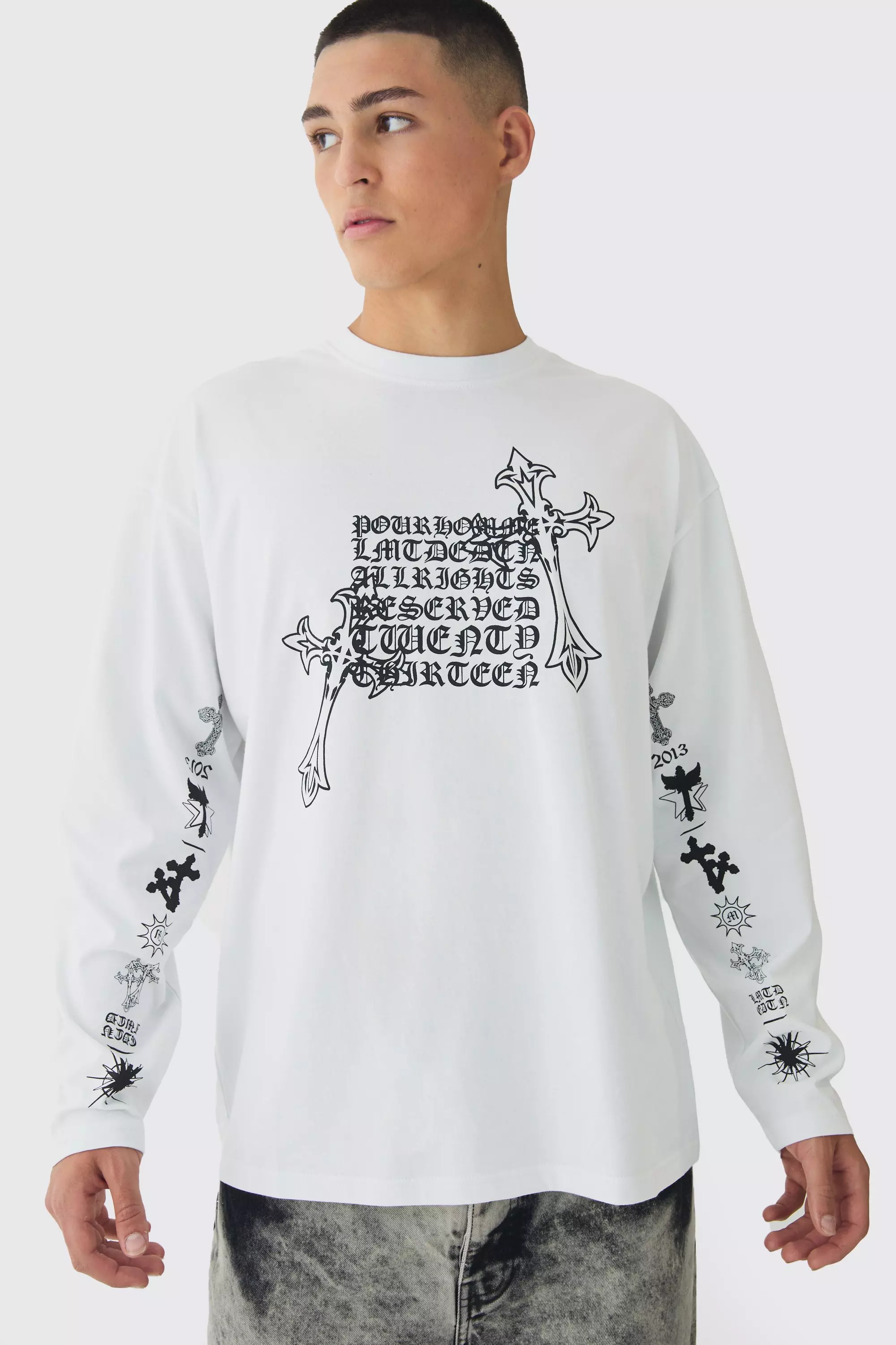 White Cross Print Long Sleeve T-Shirt