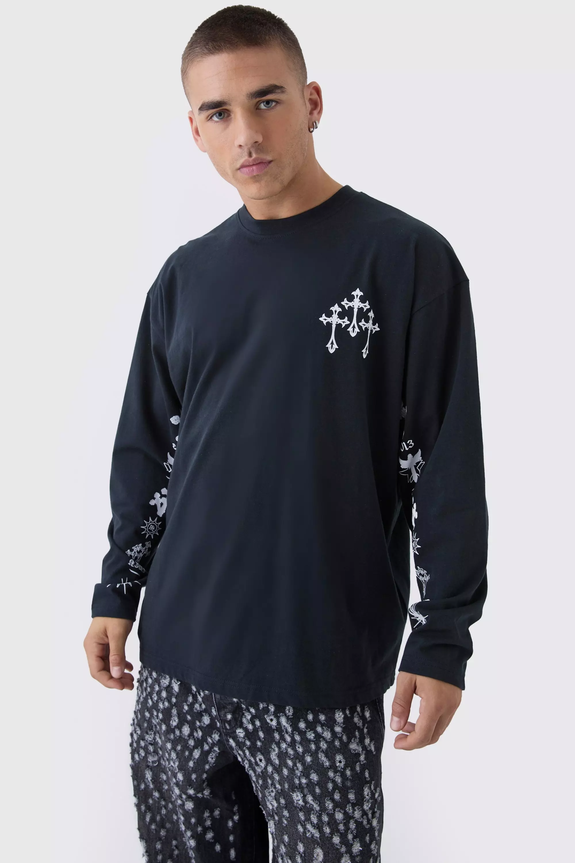 Oversized Cross Print Long Sleeve Print T-Shirt Black