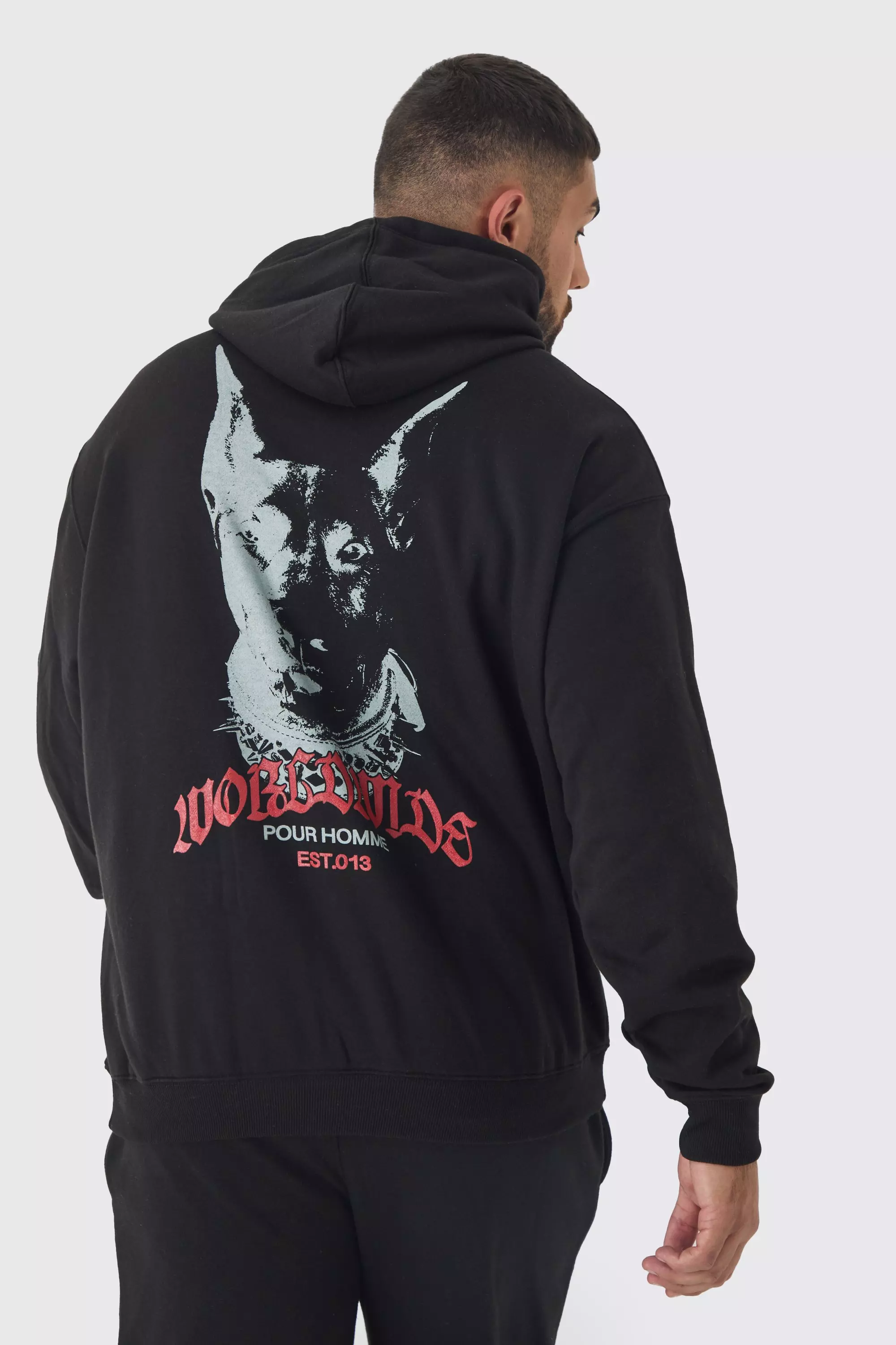 Black Plus Doberman Graphic Back Print Oversized Hoodie