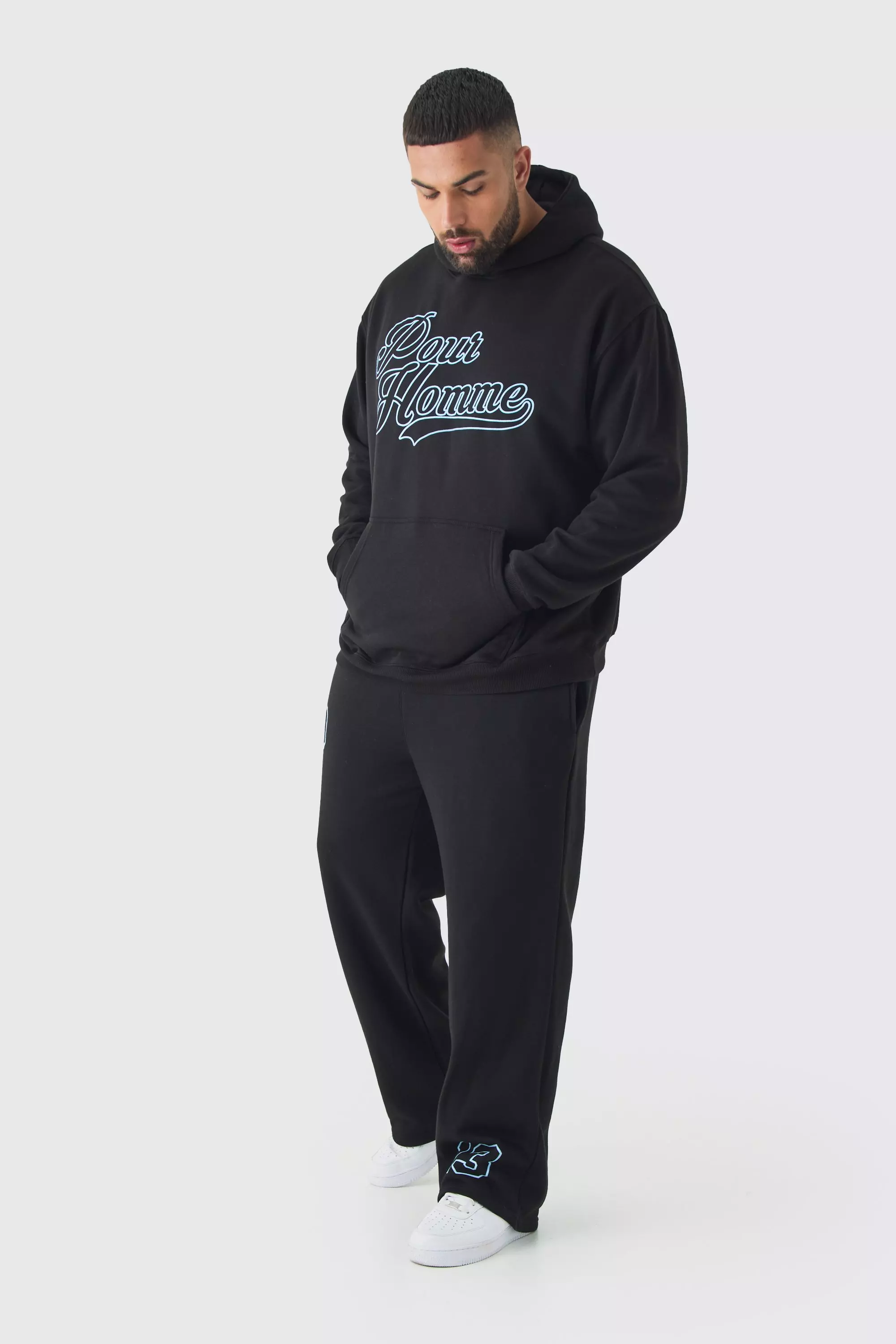 Black Plus Pour Homme Varisty Hoodie & Relaxed Fit Sweatpants Tracksuit