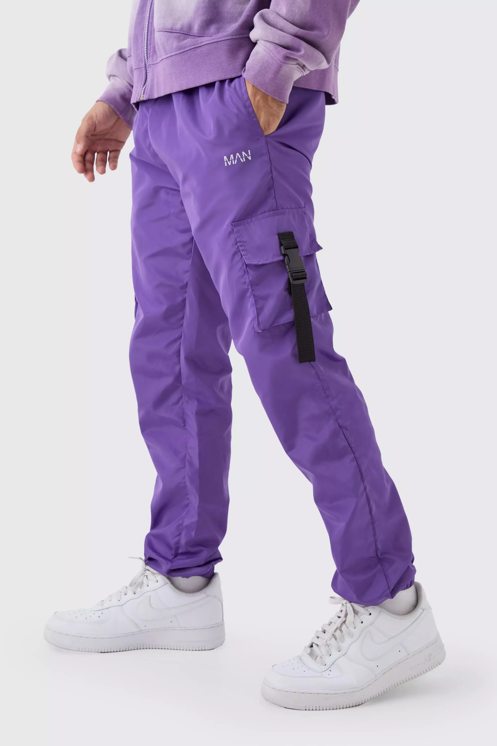 Purple Elasticated Waist Slim Fit Man Shell Cargo Sweatpants