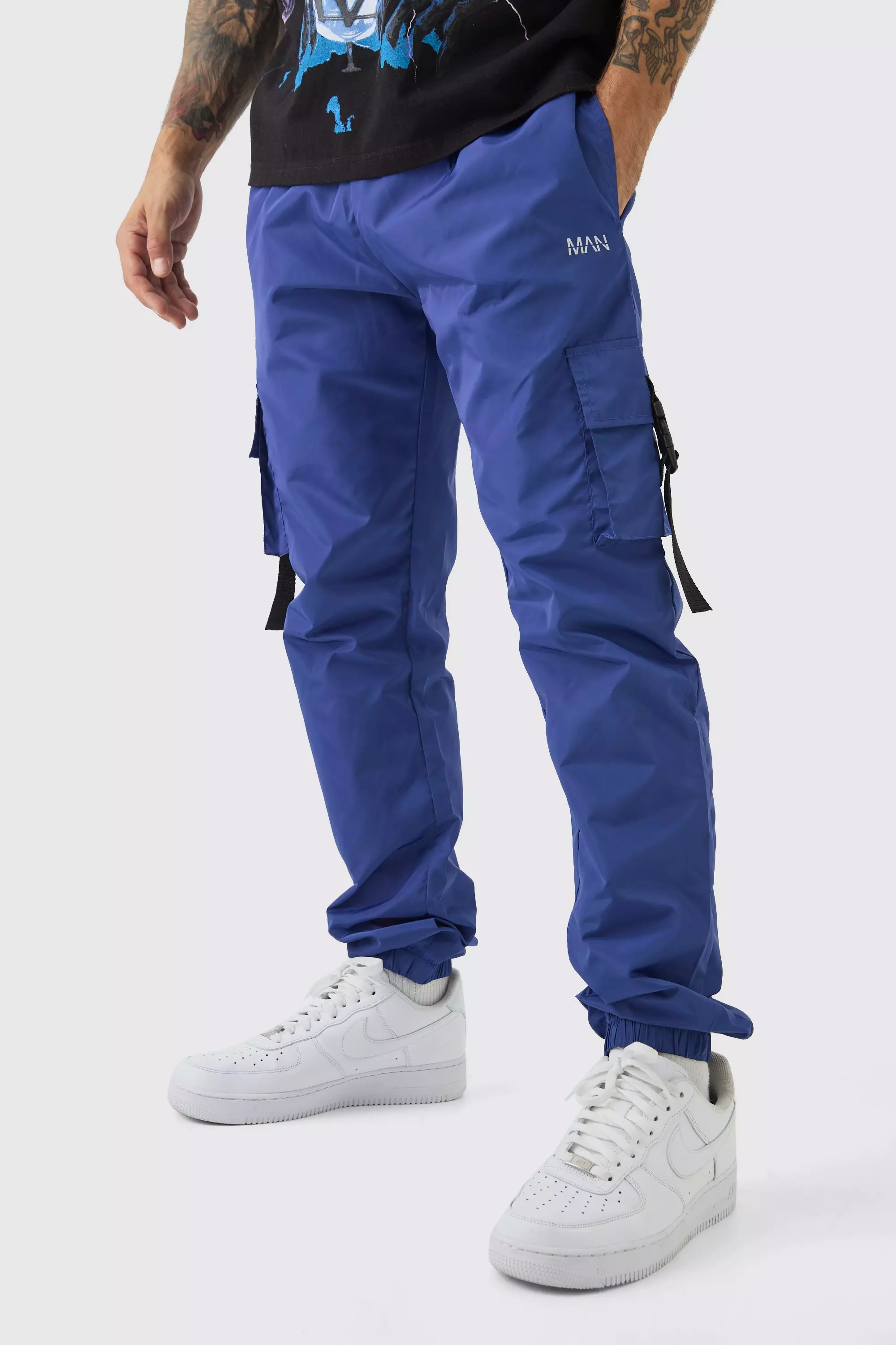 Elasticated Waist Slim Fit Man Shell Cargo Sweatpants Blue