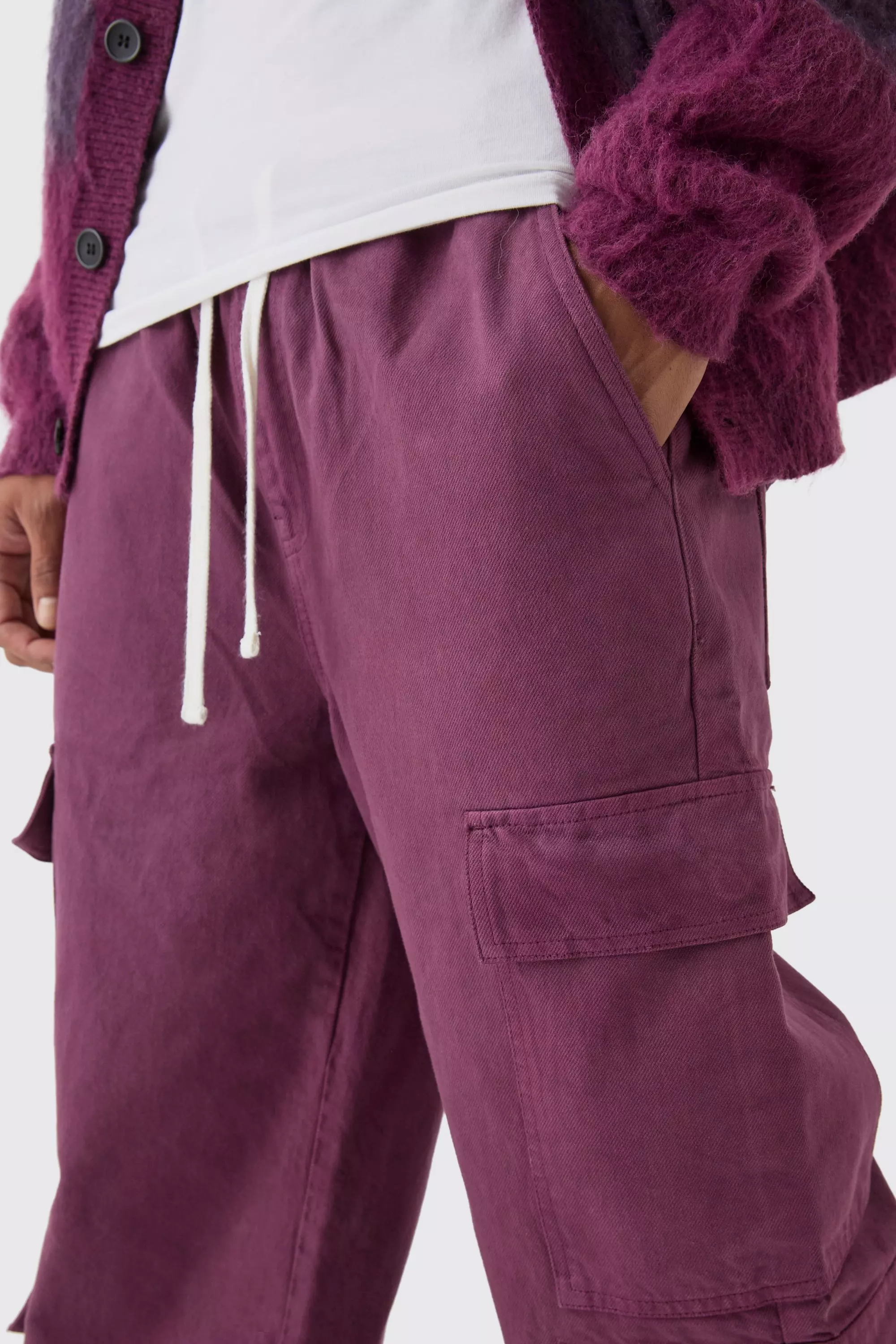Purple Elasticated Baggy Fit Multi Cargo Pants alternative image