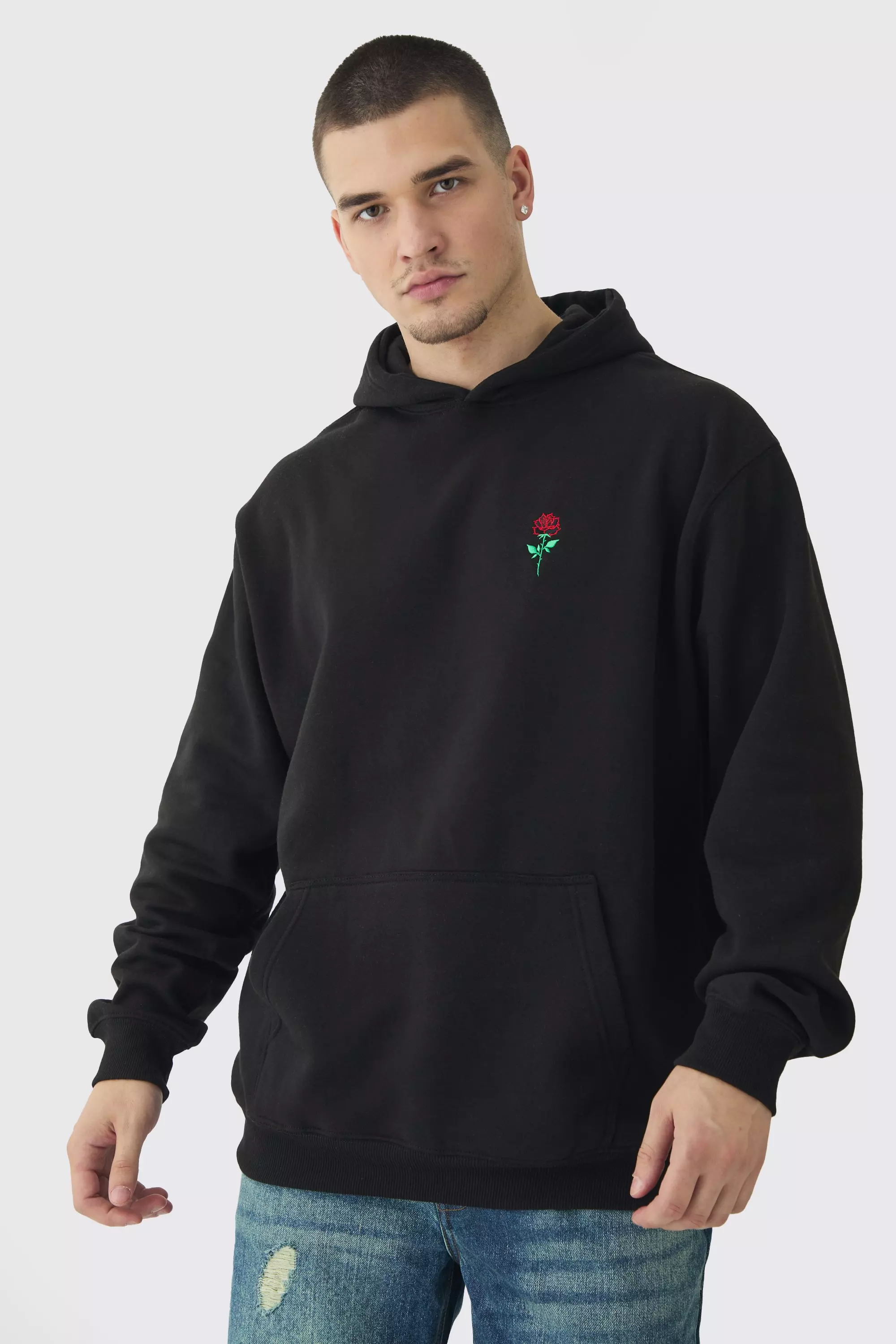 Tall Rose Embroidered Hoodie Black