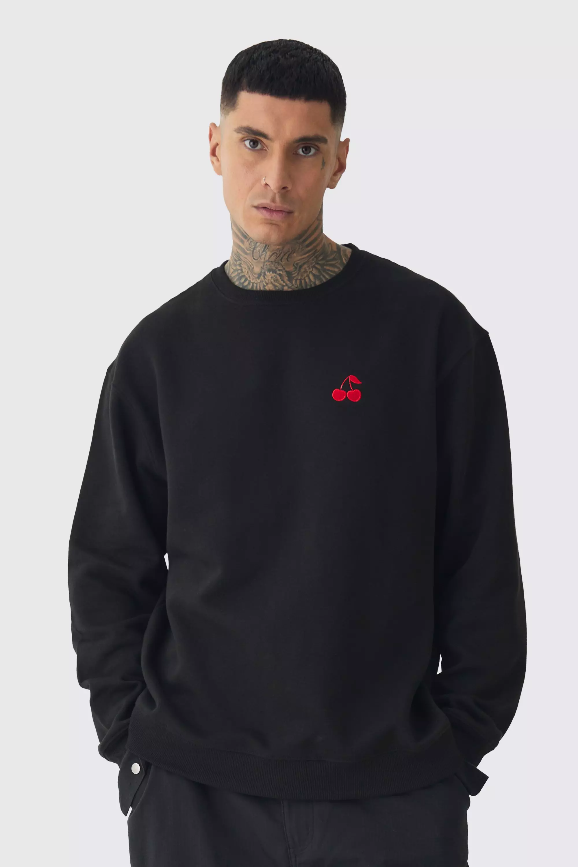 Tall Cherry Embroidered Sweat Black