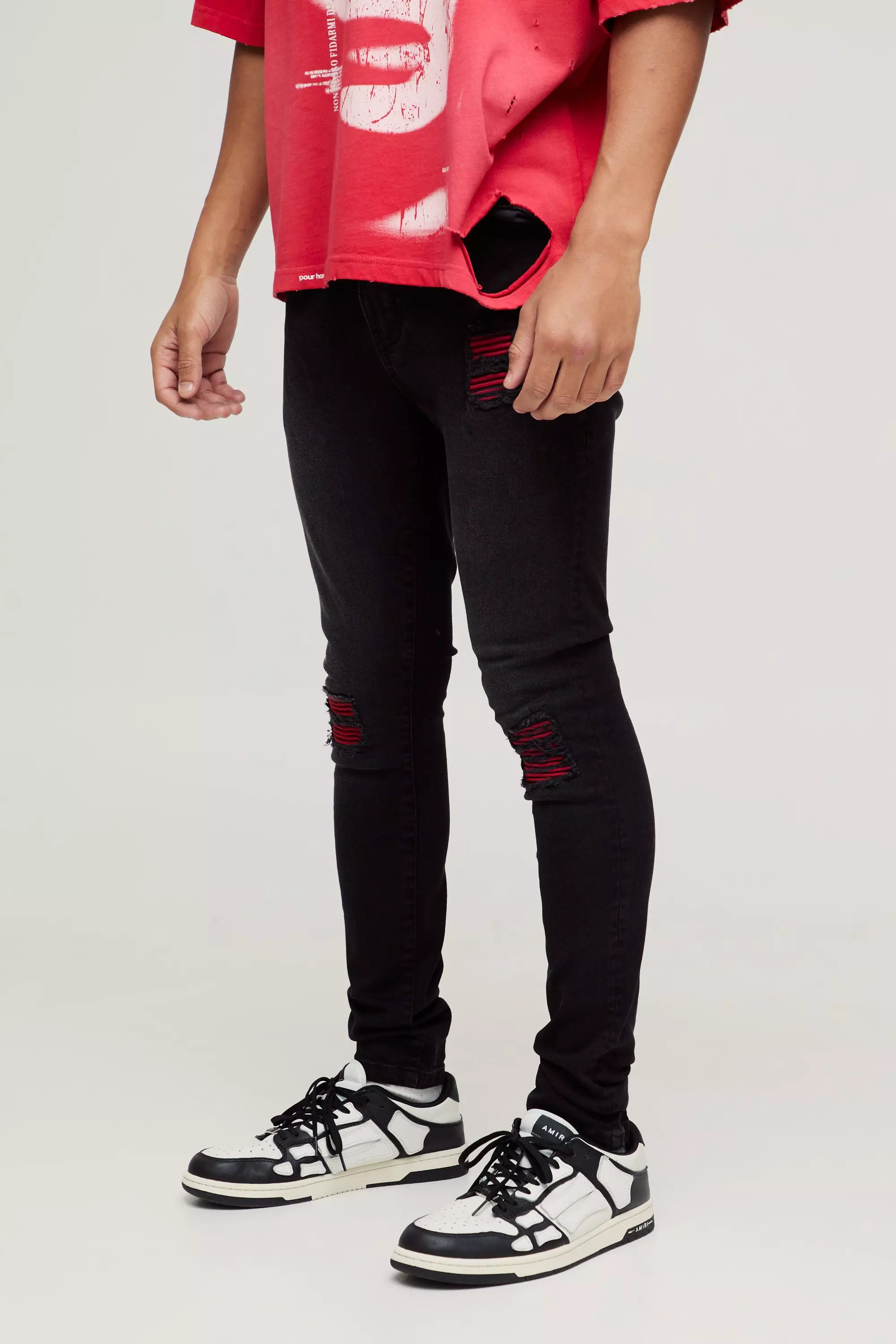 Black Super Skinny Stretch Biker Red Rip & Repair Jeans