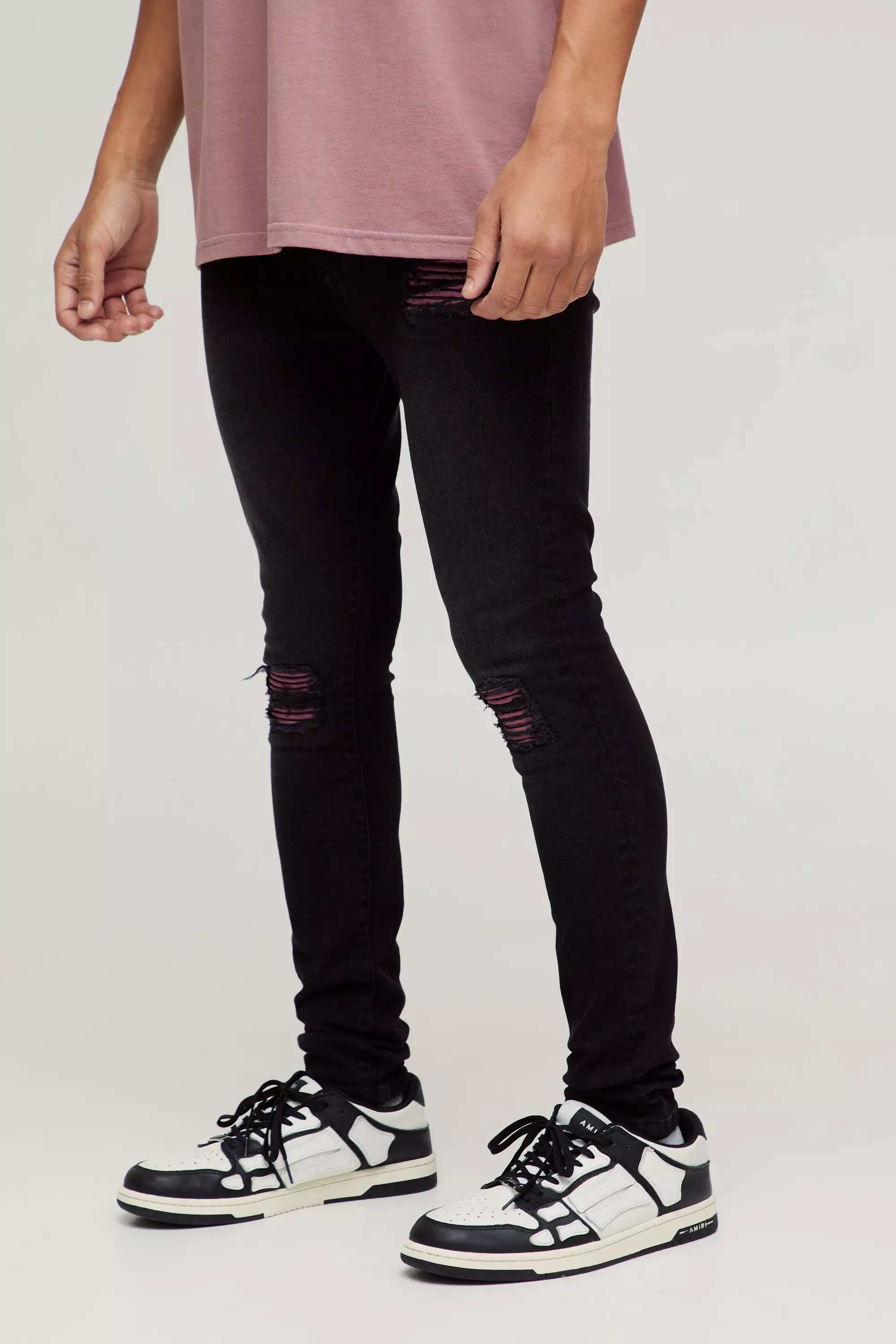Black Super Skinny Stretch Biker Purple Rip & Repair Jeans alternative image