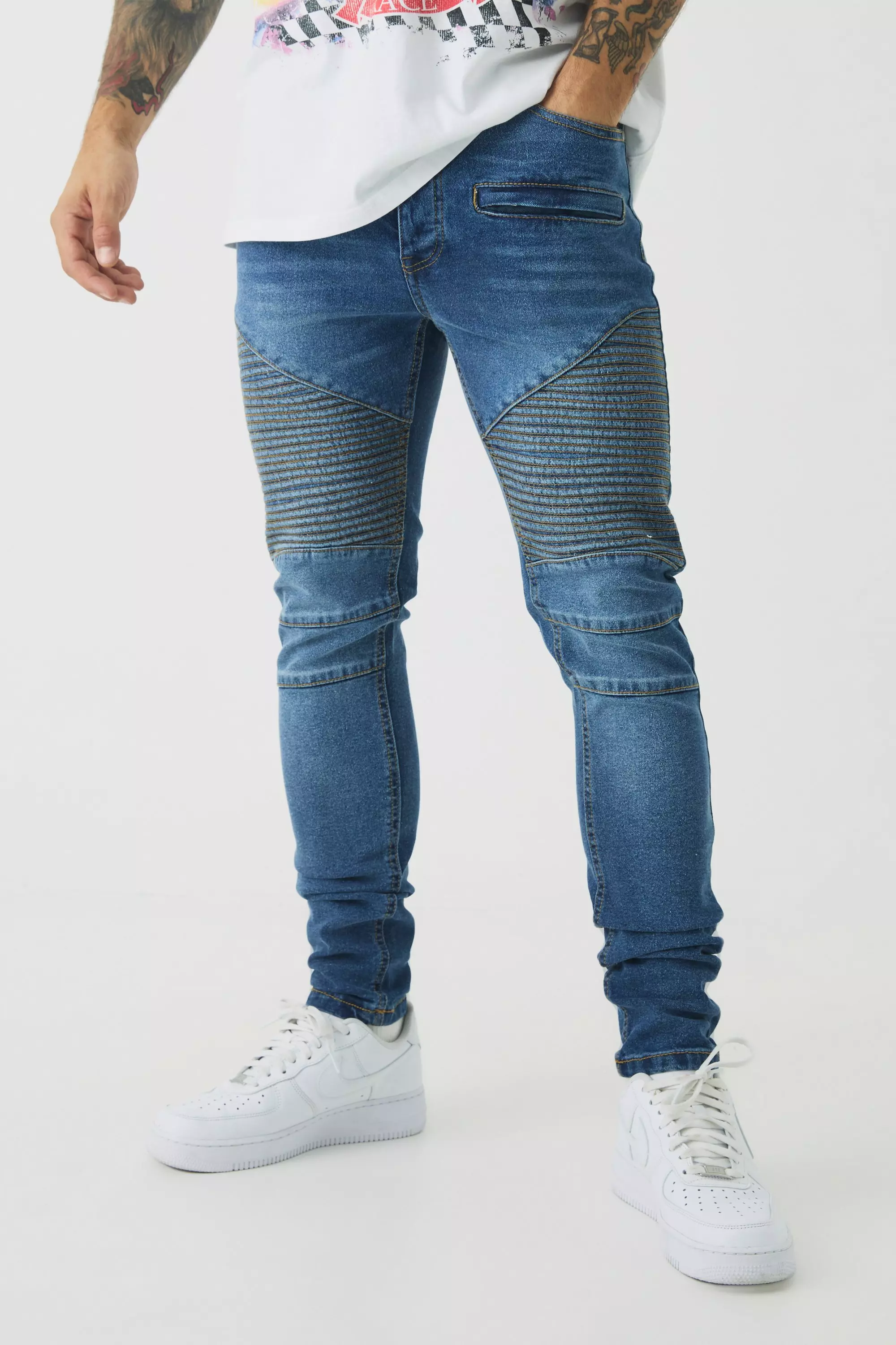 Skinny Biker Ripped Knee Jeans Blue