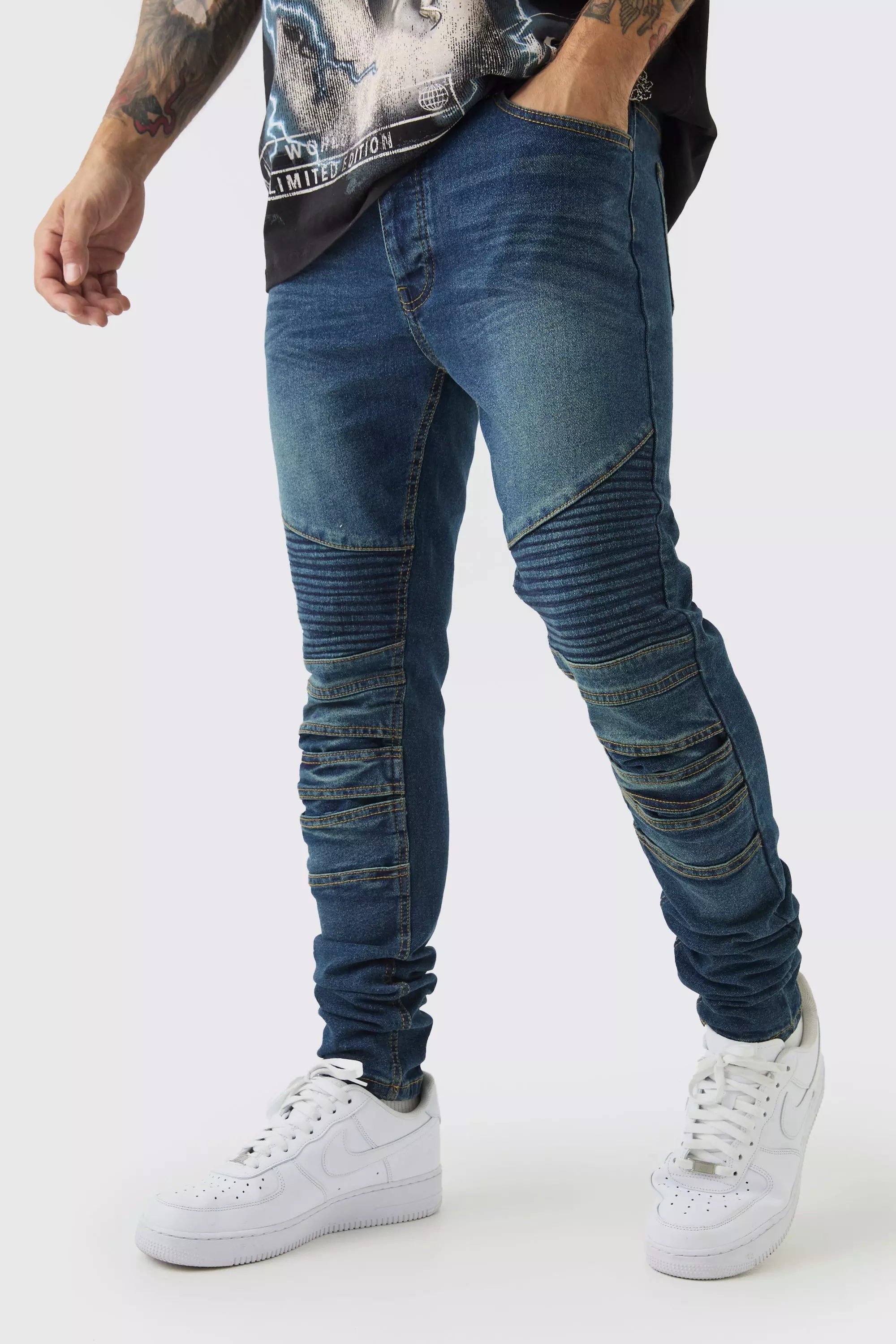 Skinny Biker Panel Jeans Antique blue