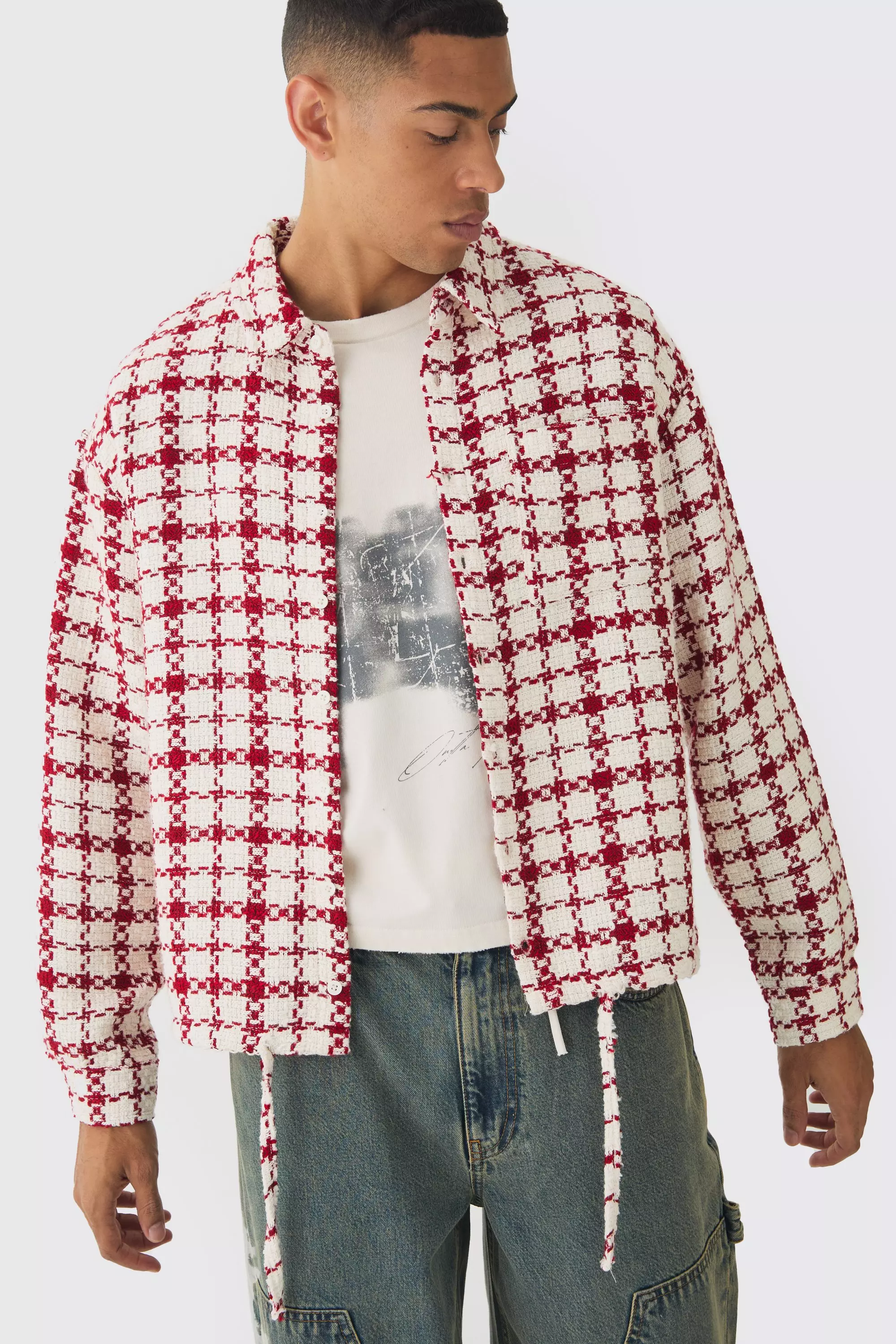 Red Oversized Boucle Bungee Hem Check Overshirt alternative image