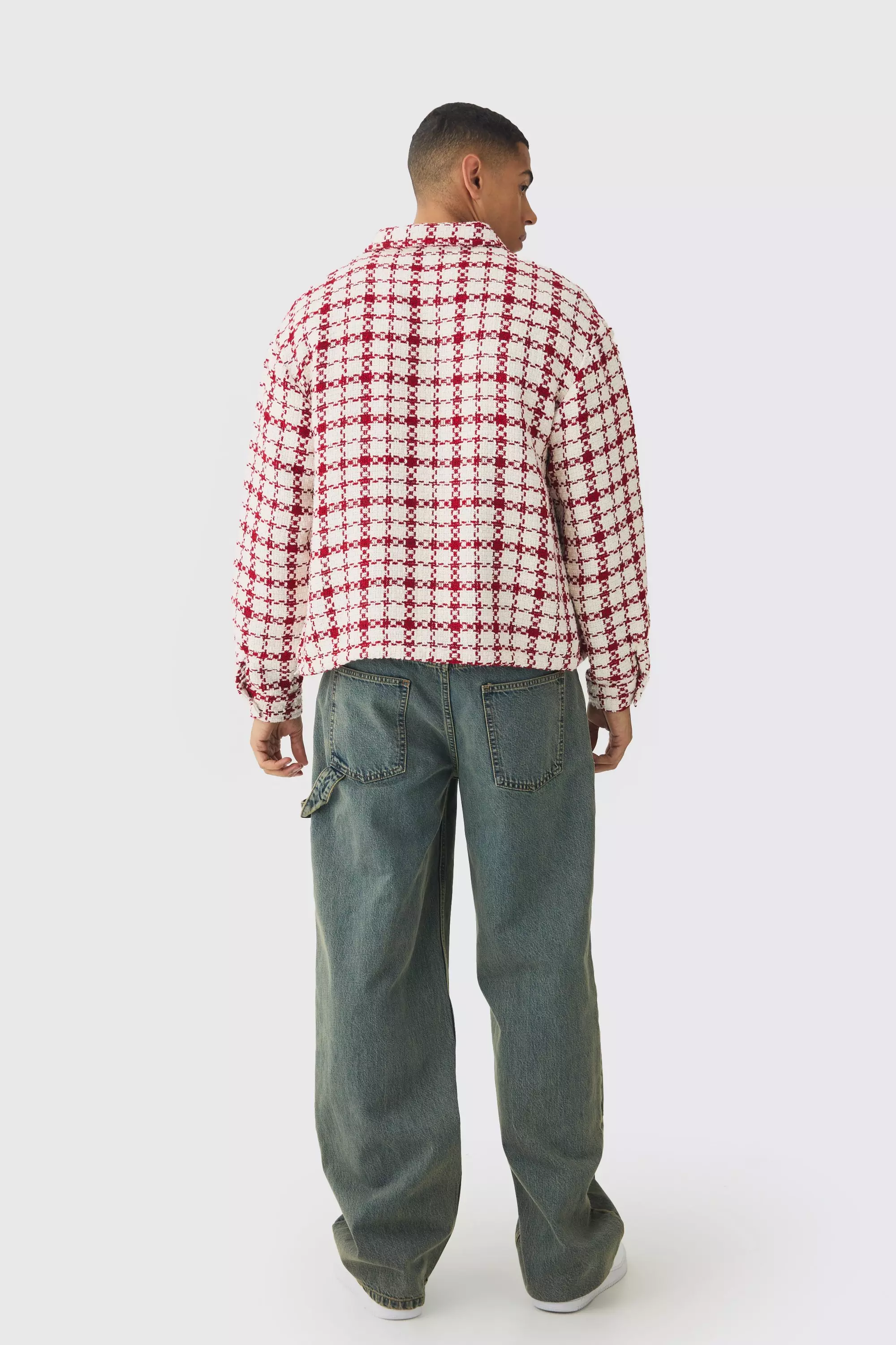 Red Oversized Boucle Bungee Hem Check Overshirt alternative image