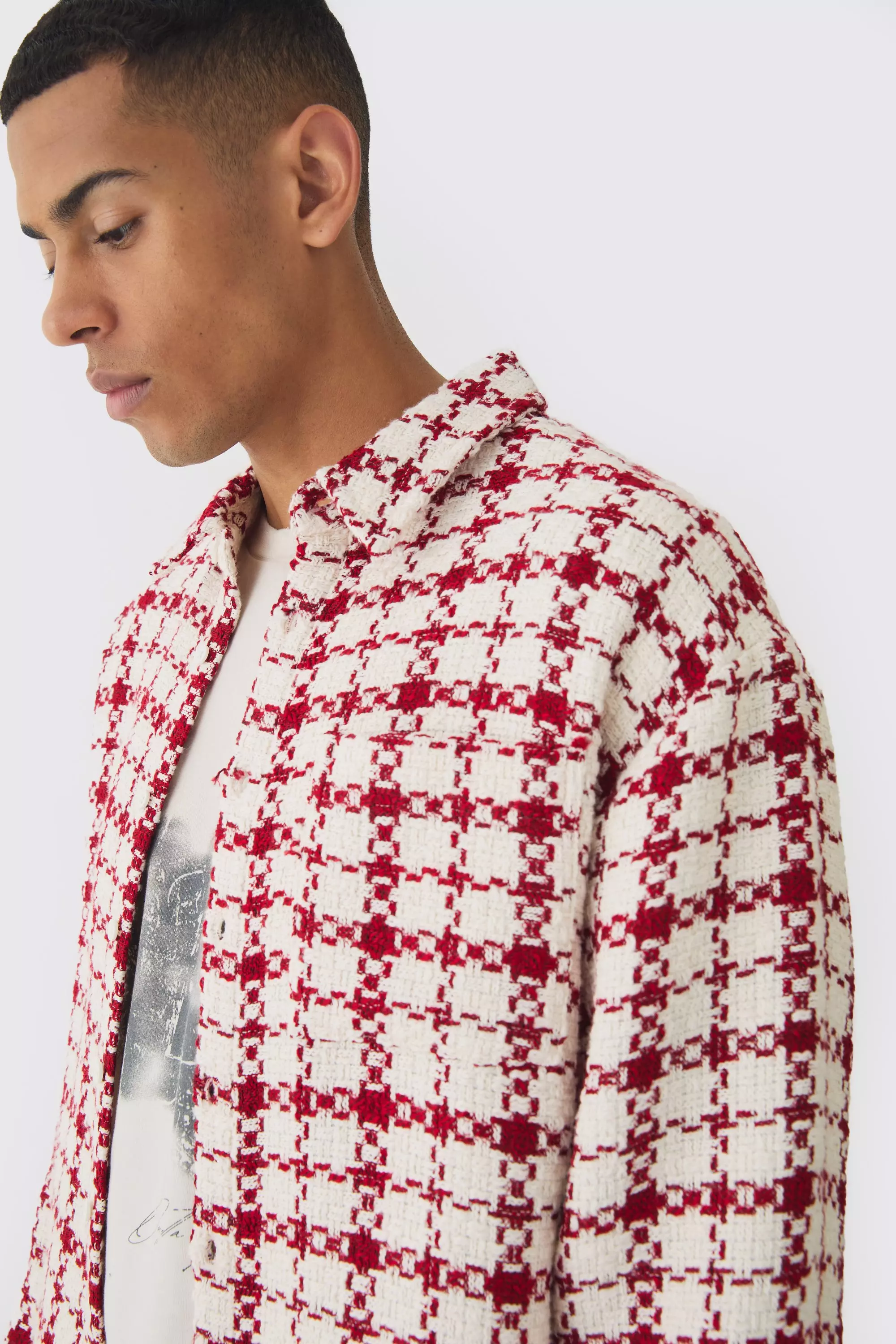 Red Oversized Boucle Bungee Hem Check Overshirt alternative image