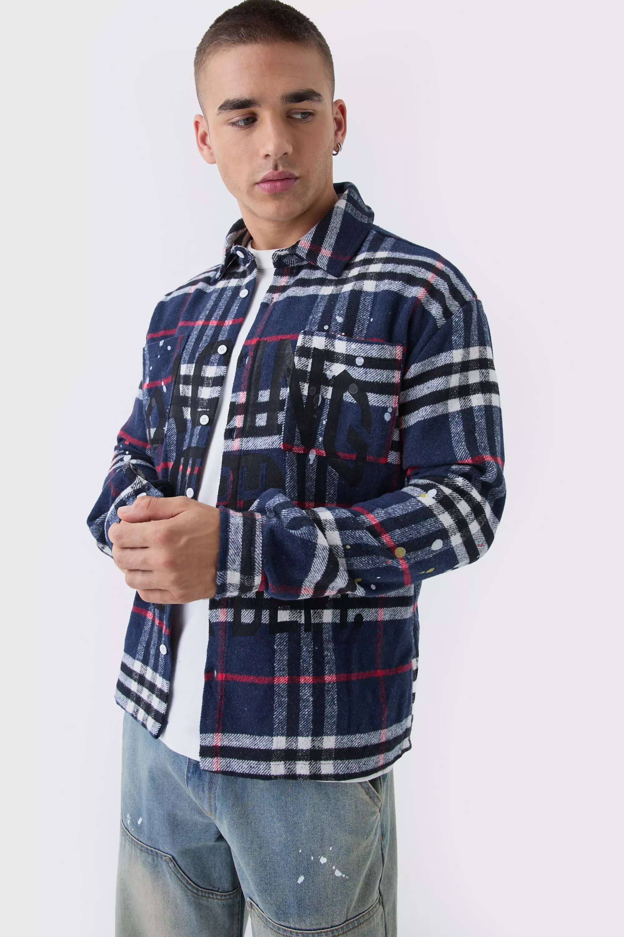 Navy Oversized Geruit Overhemd Met Verfspetters alternatieve afbeelding