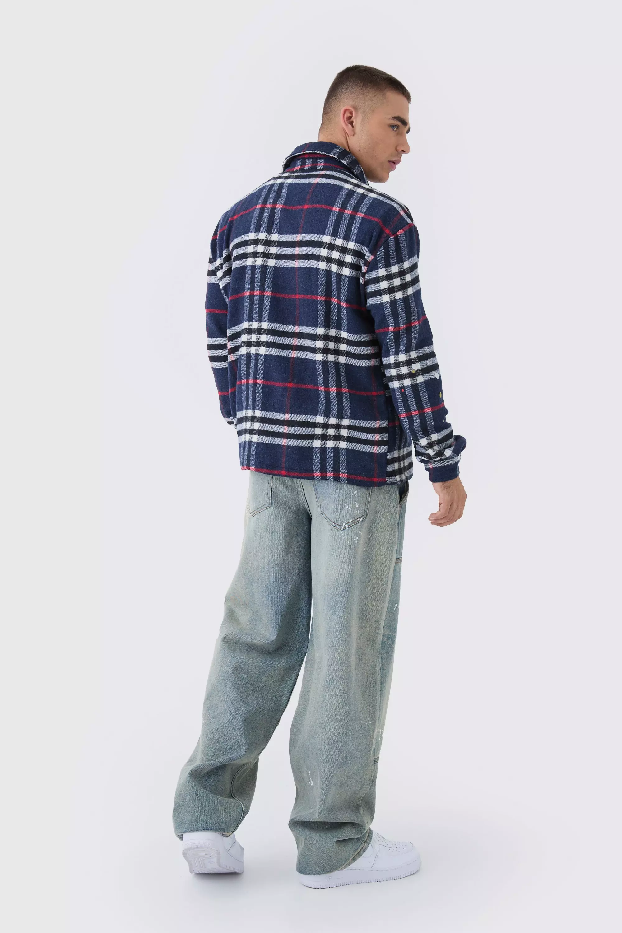 Navy Oversized Paint Splatter Check Shirt alternative image