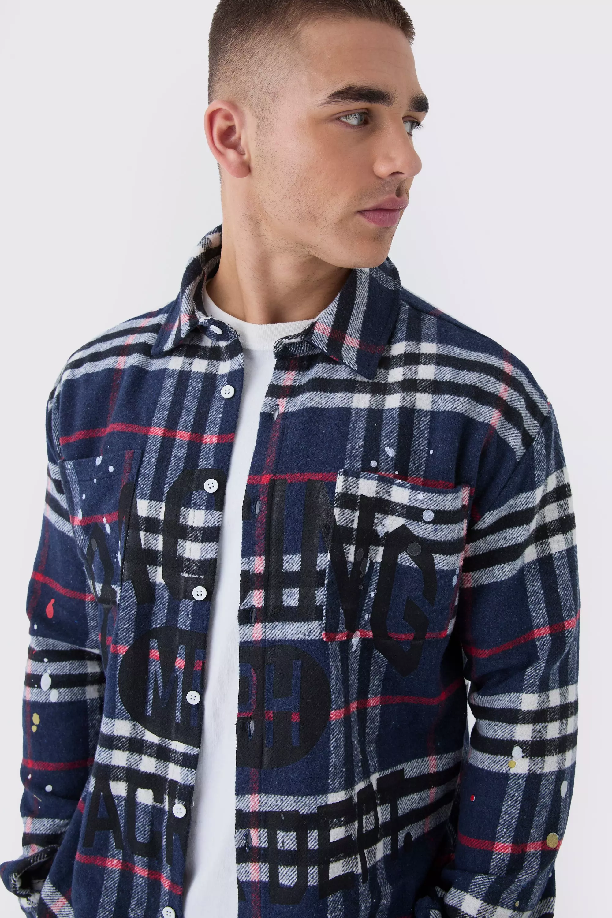 Navy Oversized Paint Splatter Check Shirt alternative image