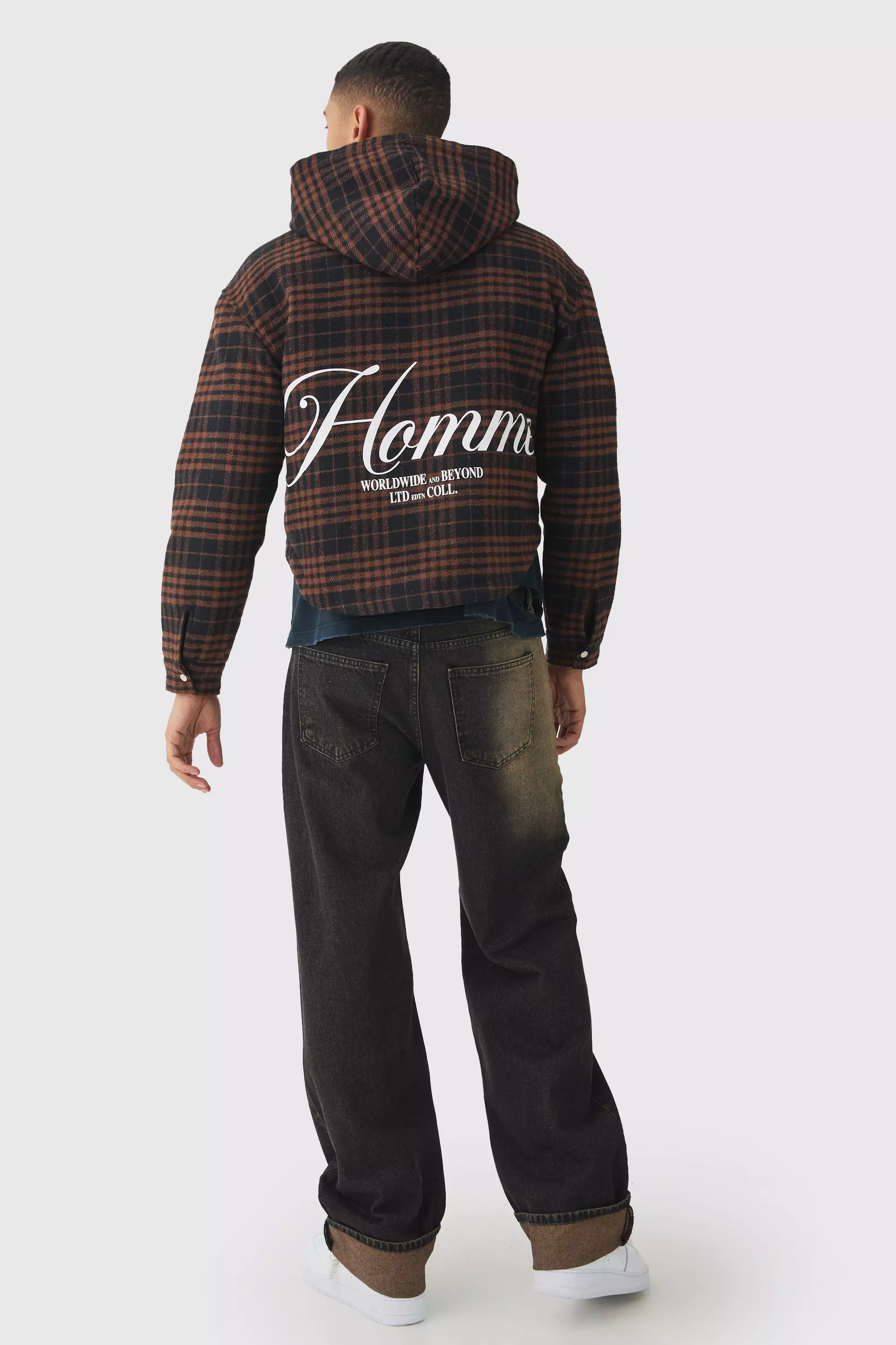 Chocolate Oversized Gewatteerd Geruit Overhemd Met Capuchon alternatieve afbeelding