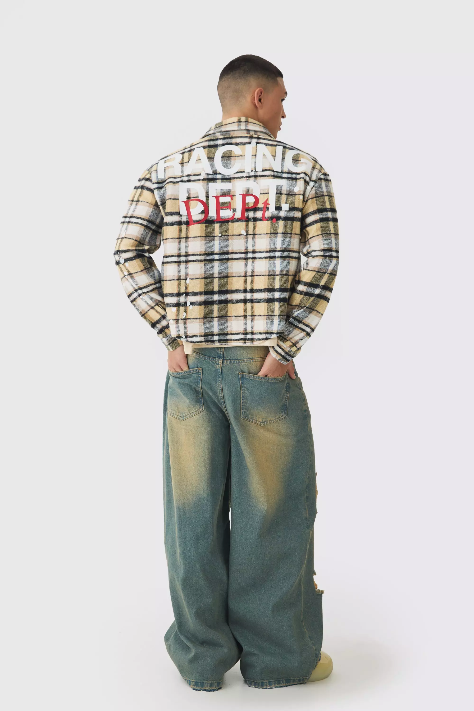 Oversized Paint Splatter Check Shirt | boohooMAN USA