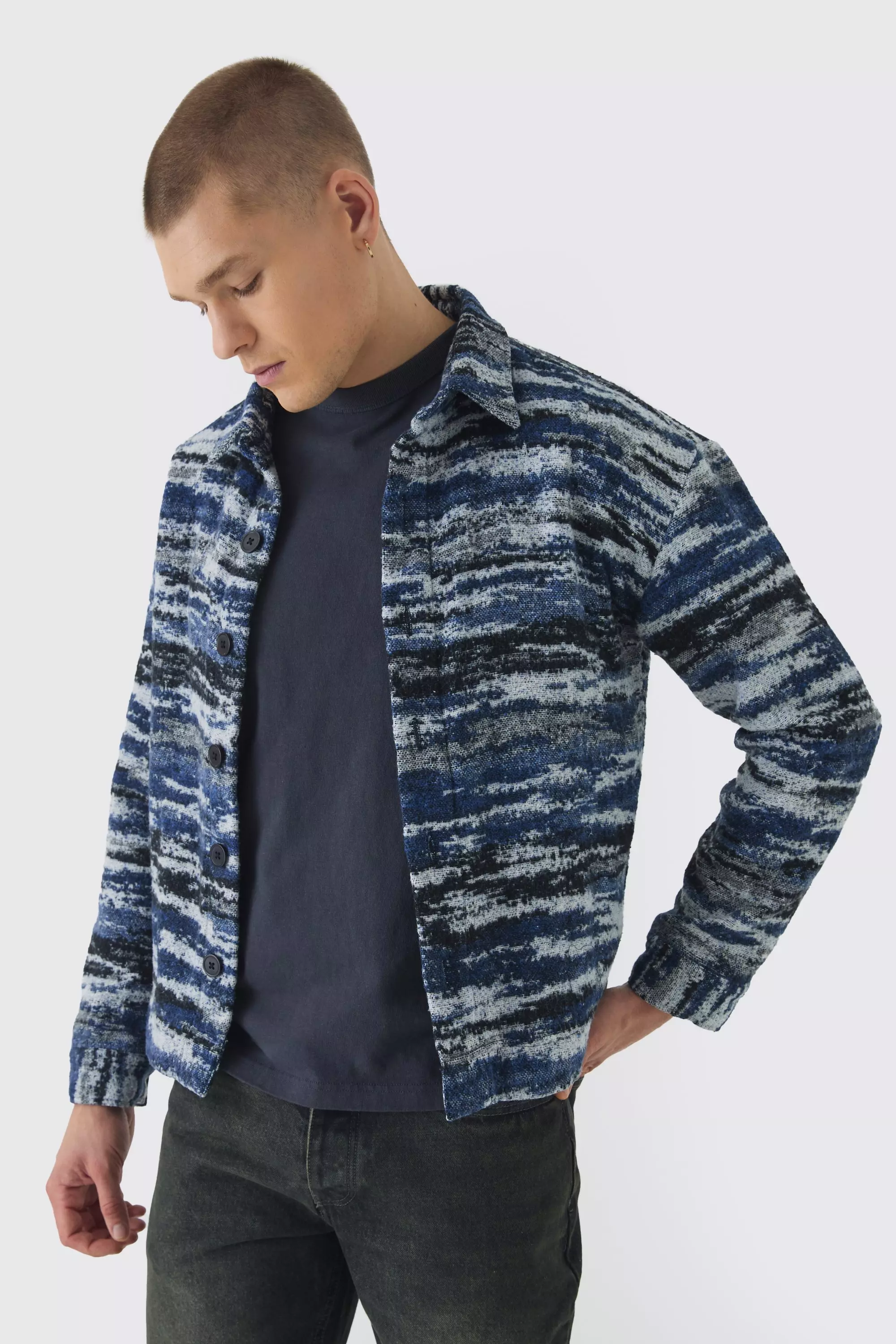 Regular Fit Brushed Abstract Overshirt Blue