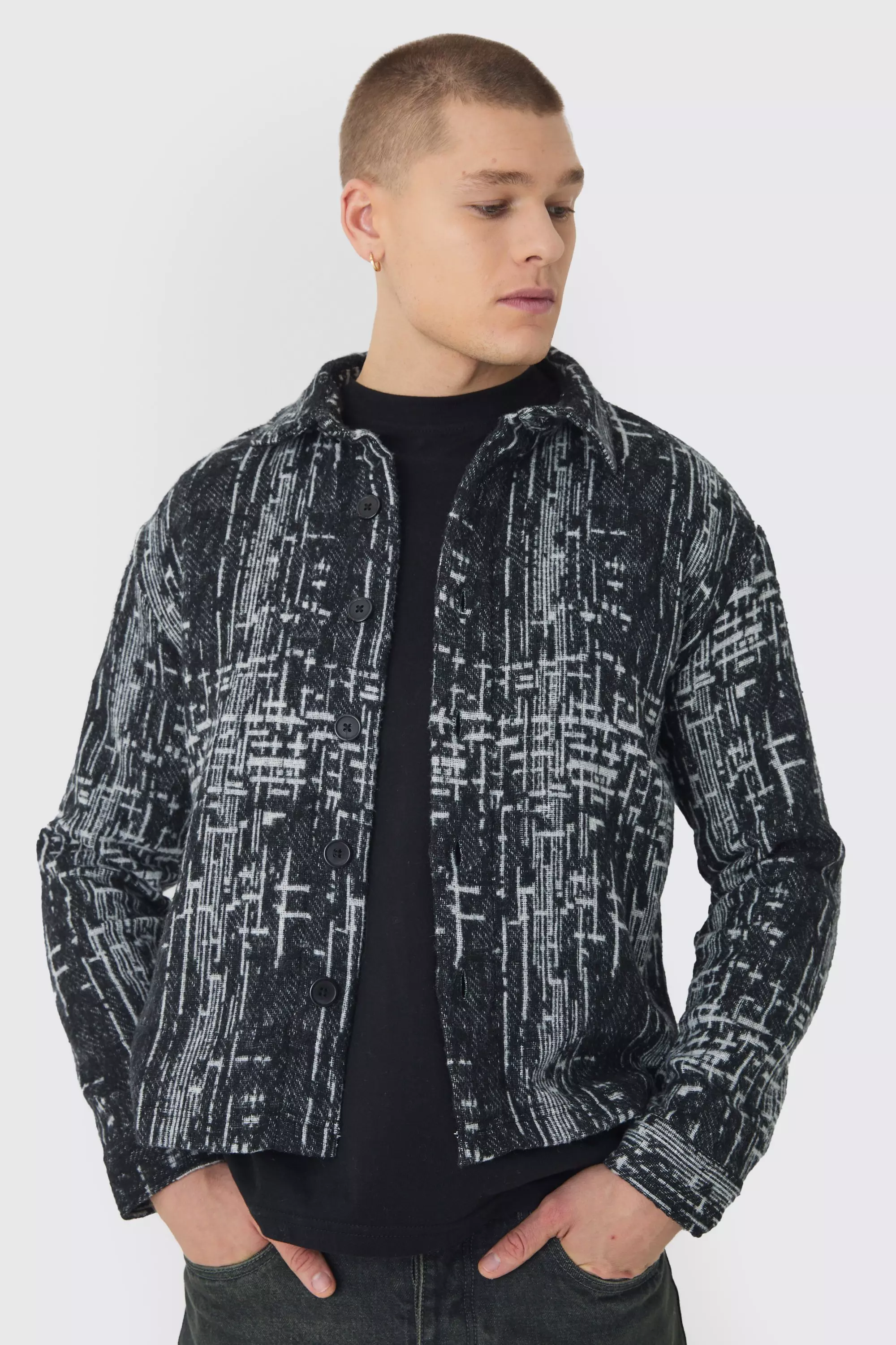 Regular Fit Brushed Abstract Overshirt Black